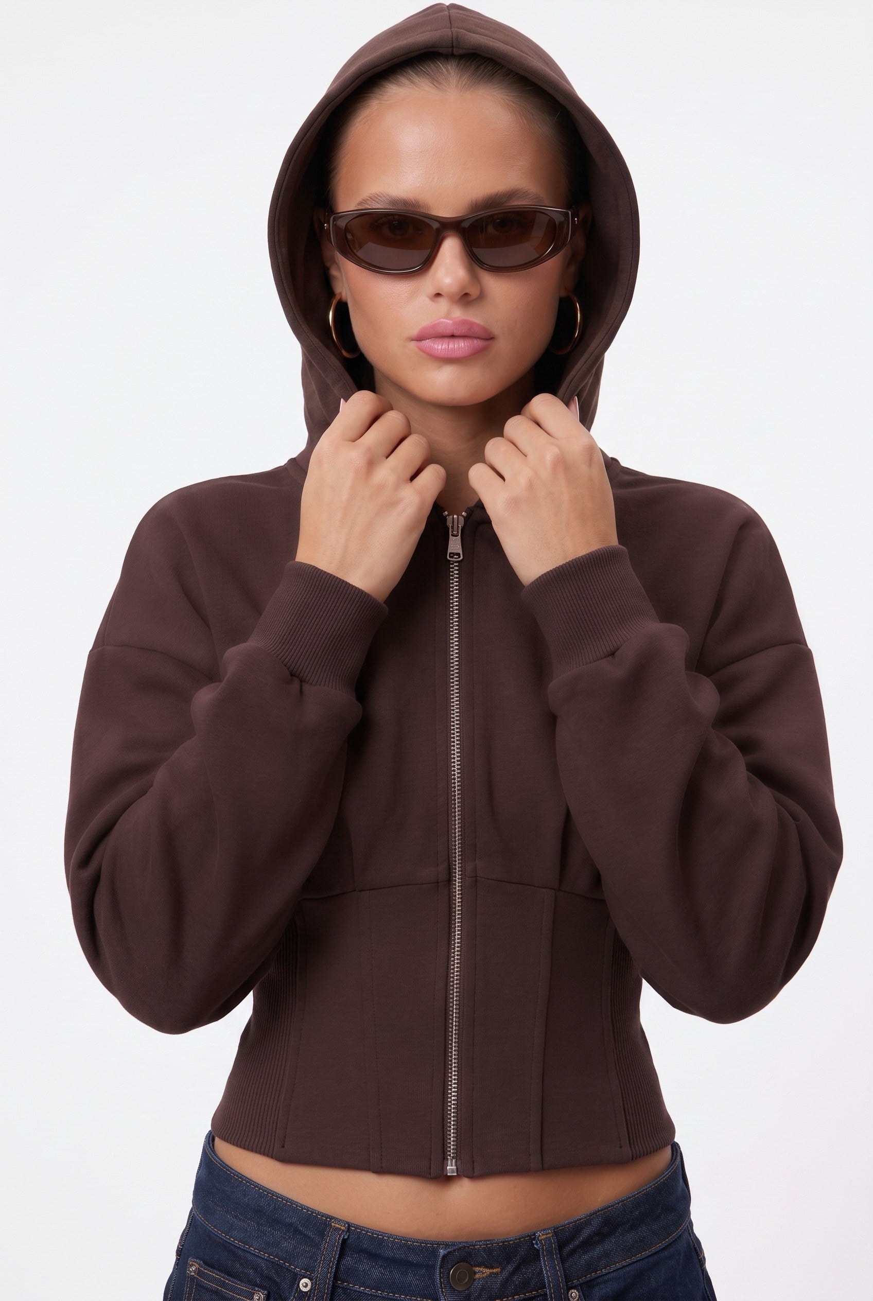 Kadın Novis Beli Lastikli Slim Kalıp Kahverengi Kapüşonlu Sweatshirt