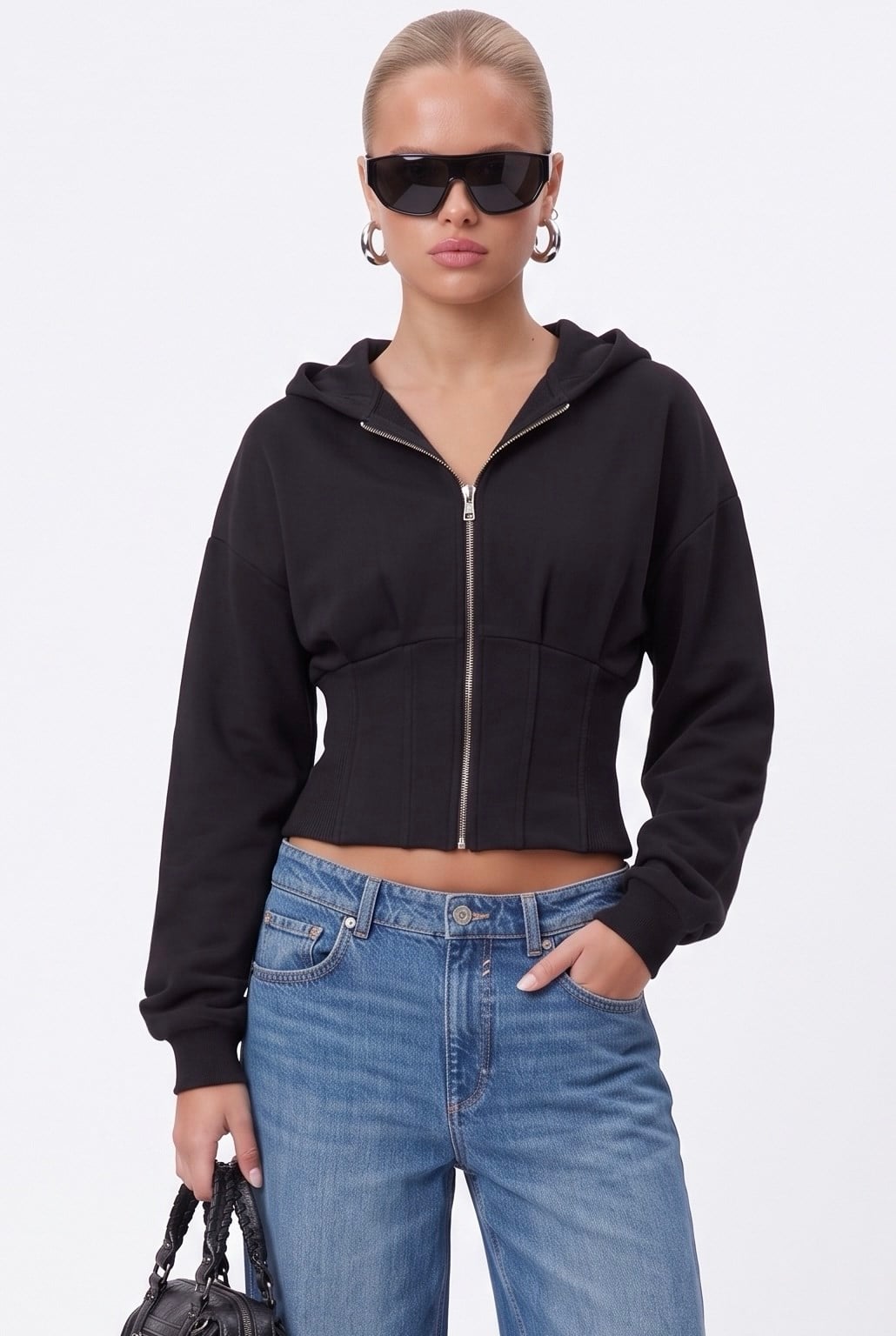 Kadın Novis Beli Lastikli Slim Kalıp Siyah Kapüşonlu Sweatshirt