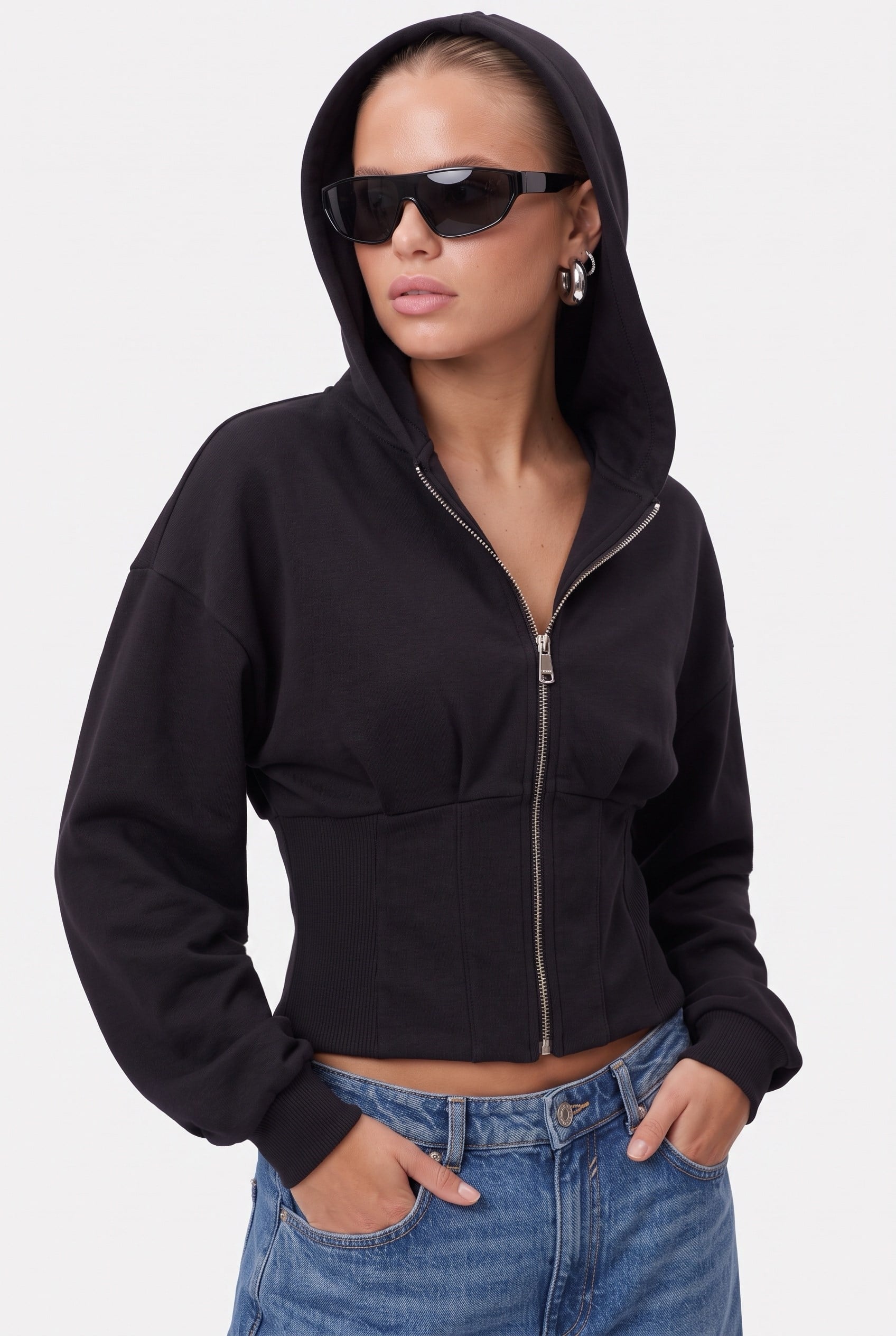Kadın Novis Beli Lastikli Slim Kalıp Siyah Kapüşonlu Sweatshirt
