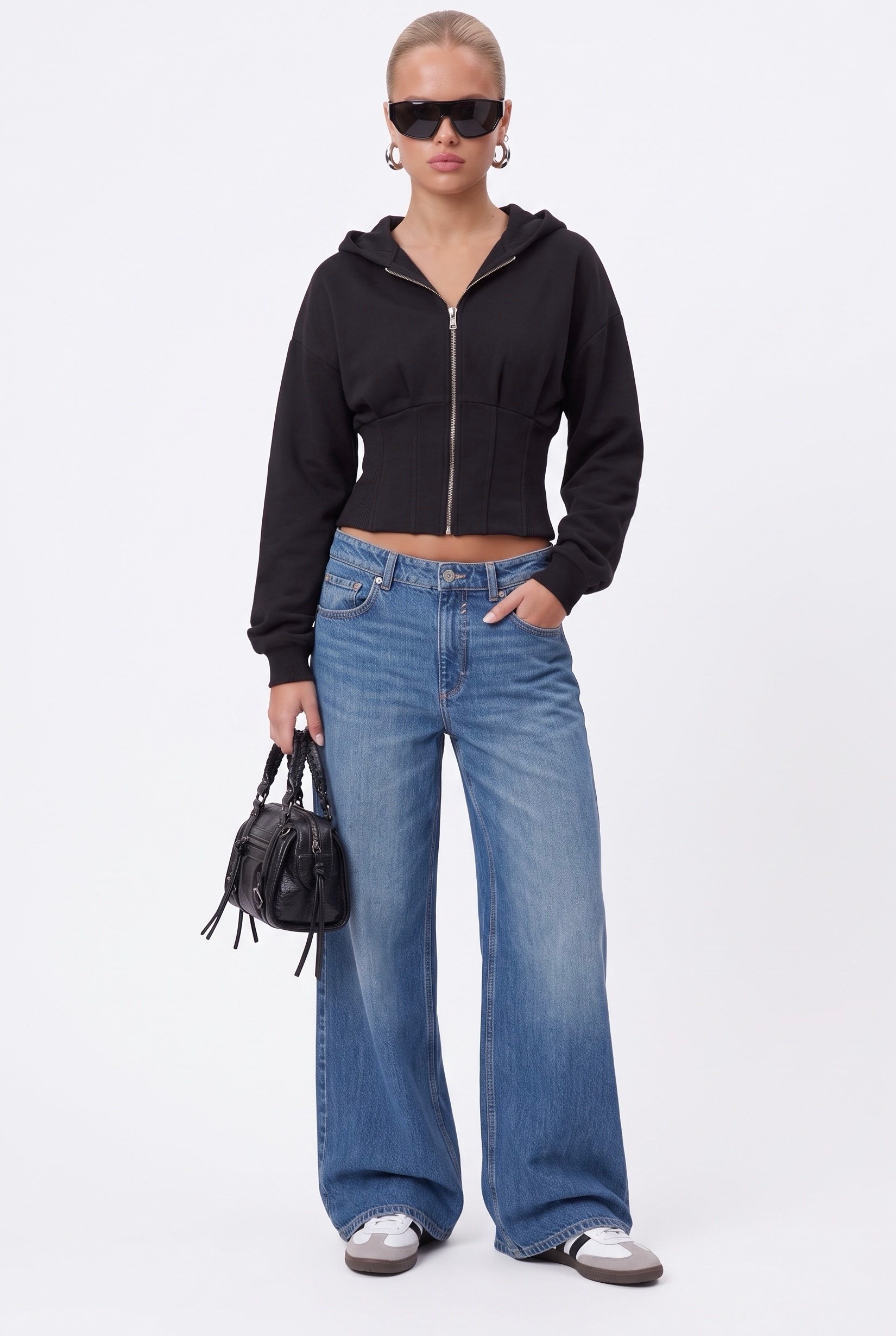 Kadın Novis Beli Lastikli Slim Kalıp Siyah Kapüşonlu Sweatshirt