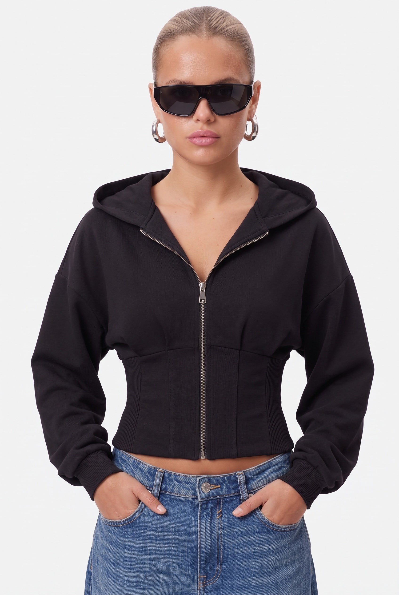 Kadın Novis Beli Lastikli Slim Kalıp Siyah Kapüşonlu Sweatshirt