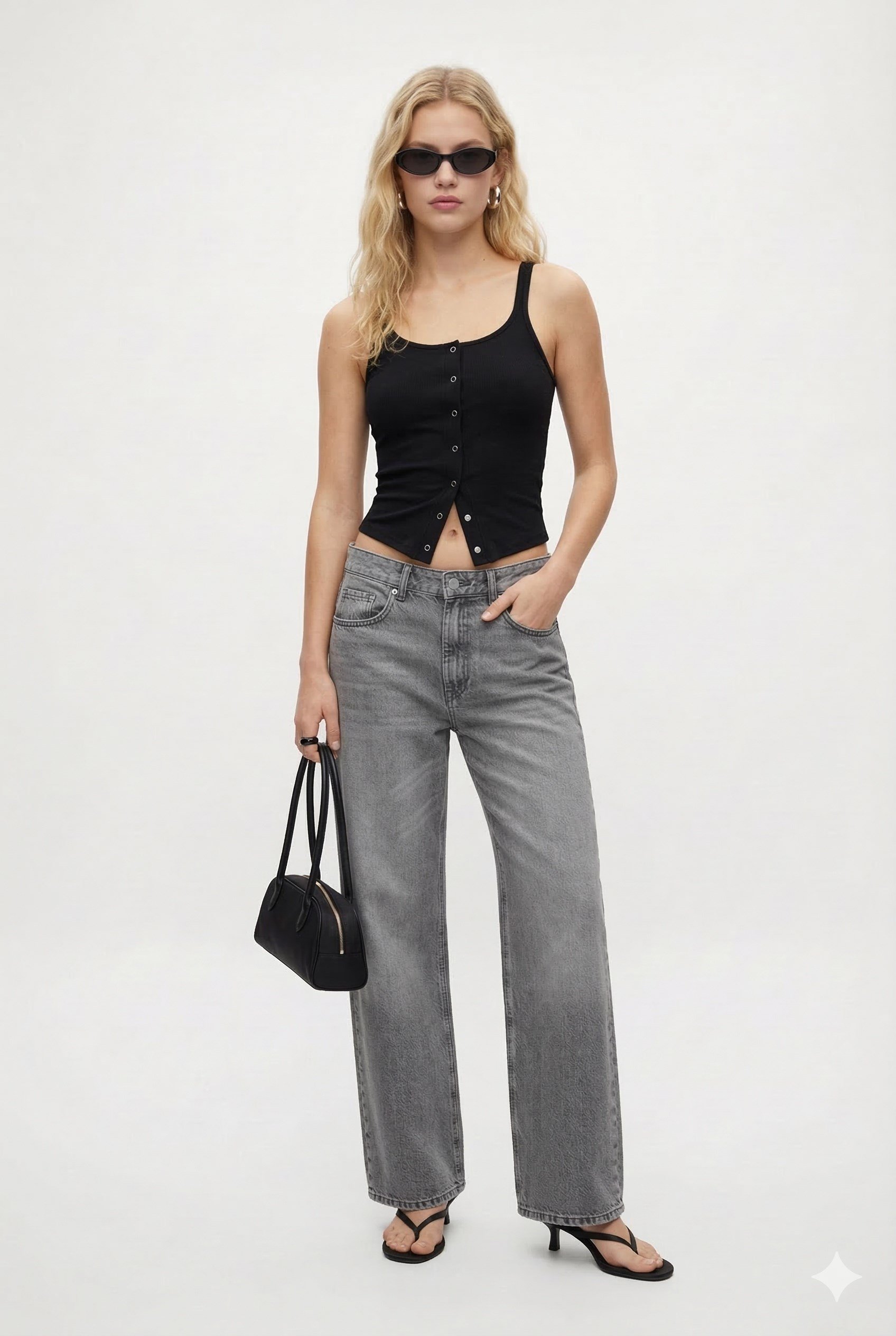 Kadın Olivia Lux Touch U Yaka Çıtçıtlı Askılı Siyah Top / Bluz