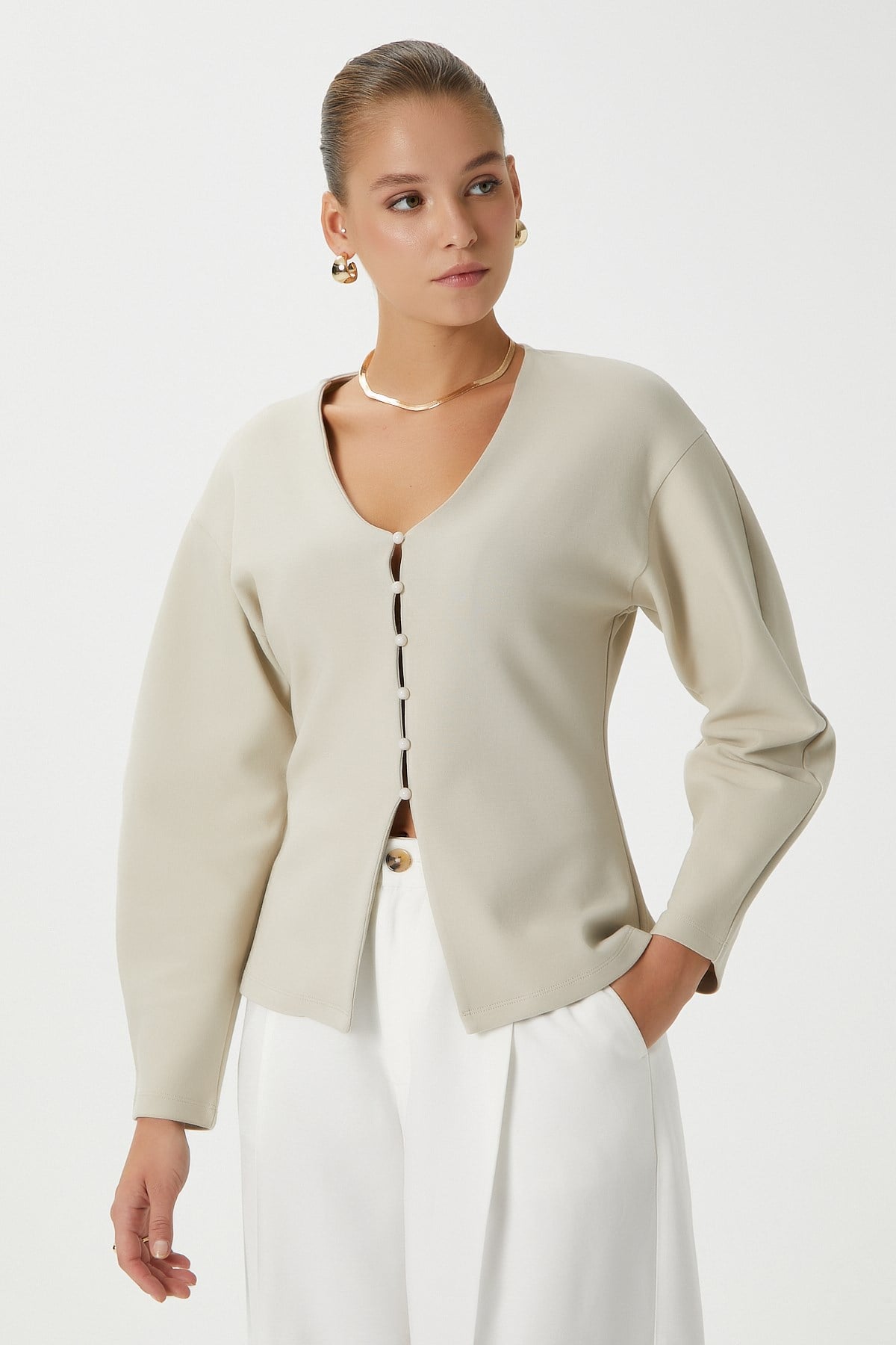 Kadın Osea Premium Bele Oturan Bej Şık Düğme Detay Peplum Bluz