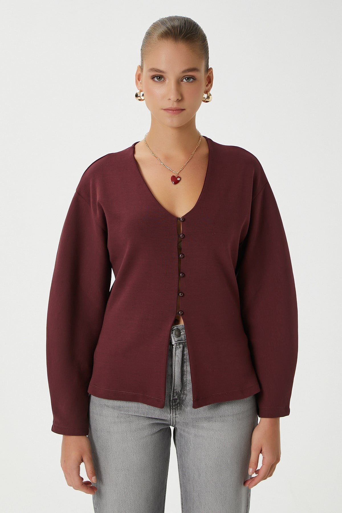 Kadın Osea Premium Bele Oturan Bordo Şık Düğme Detay Peplum Bluz