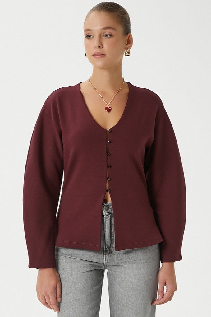 Kadın Osea Premium Bele Oturan Bordo Şık Düğme Detay Peplum Bluz