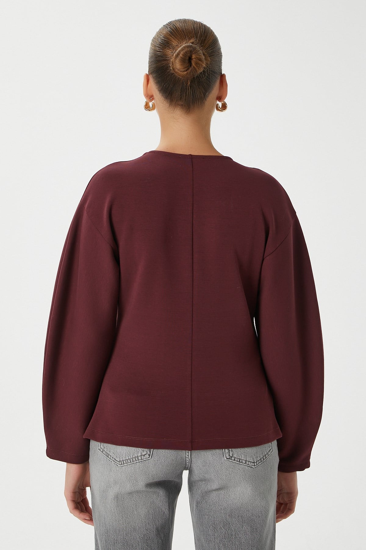 Kadın Osea Premium Bele Oturan Bordo Şık Düğme Detay Peplum Bluz
