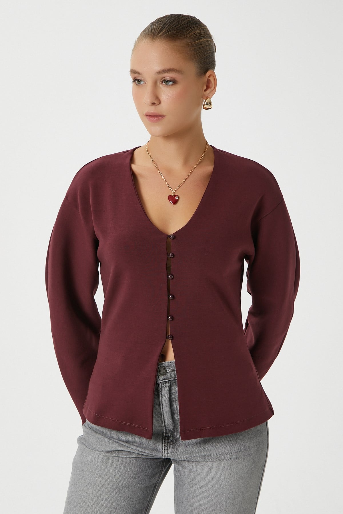 Kadın Osea Premium Bele Oturan Bordo Şık Düğme Detay Peplum Bluz