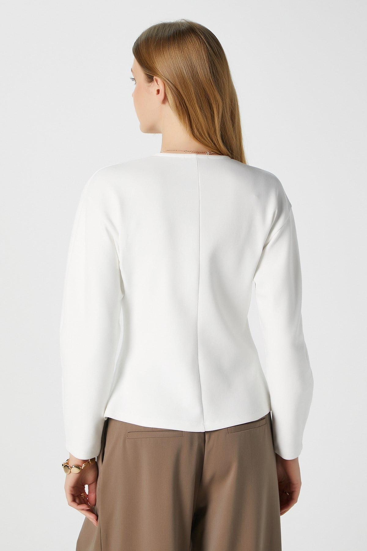 Kadın Osea Premium Bele Oturan Ekru Şık Düğme Detay Peplum Bluz