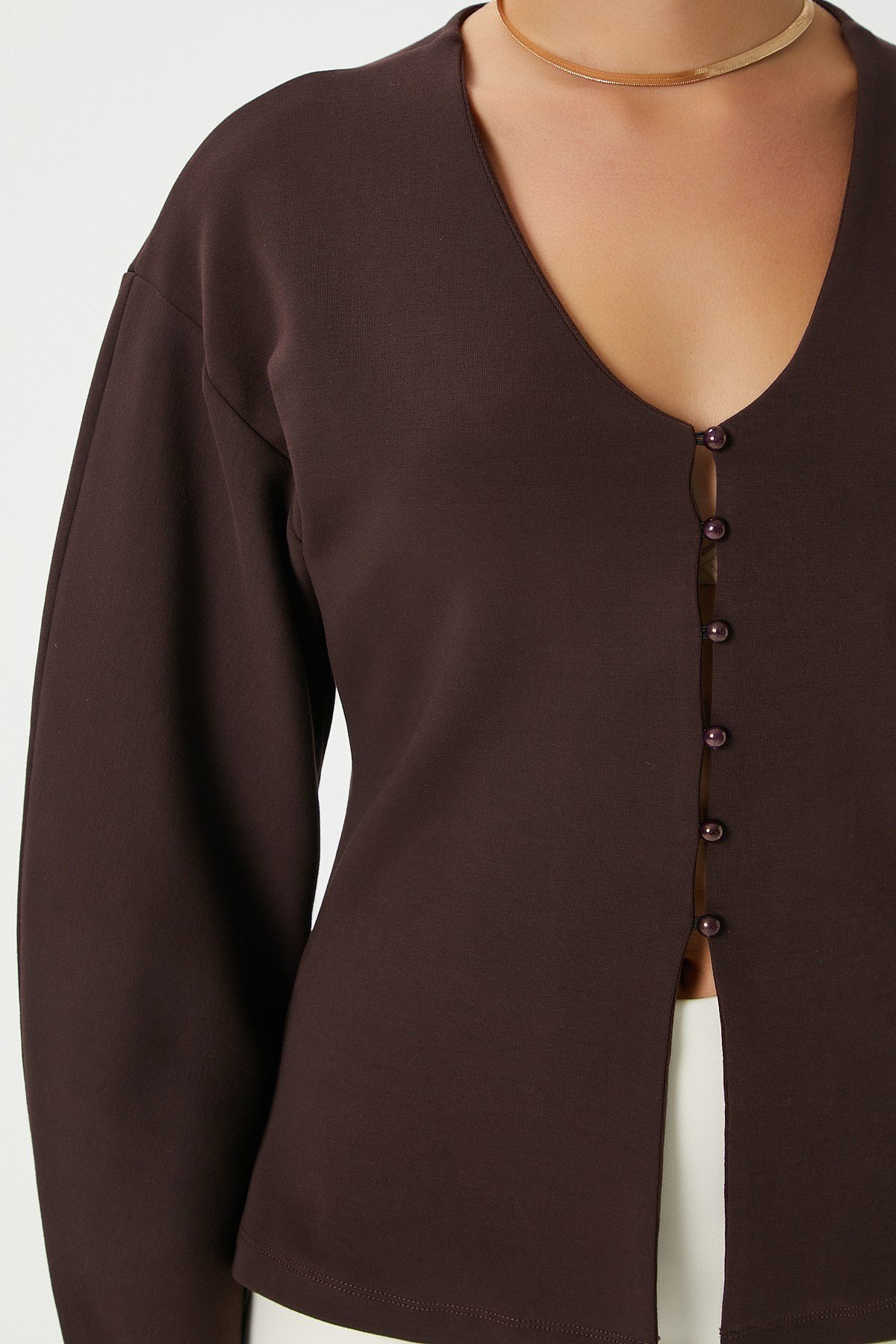 Kadın Osea Premium Bele Oturan Kahverengi Şık Düğme Detay Peplum Bluz