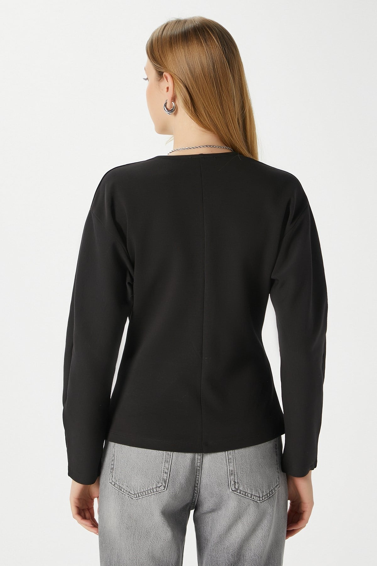 Kadın Osea Premium Bele Oturan Siyah Şık Düğme Detay Peplum Bluz