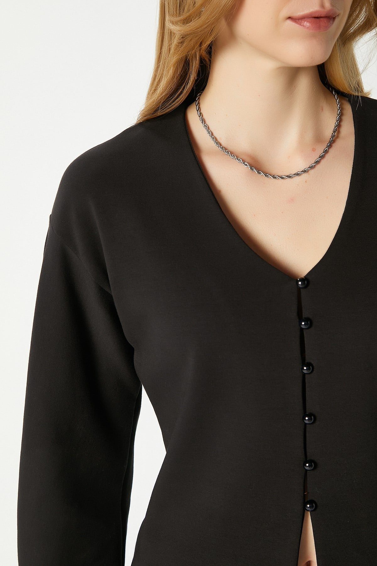 Kadın Osea Premium Bele Oturan Siyah Şık Düğme Detay Peplum Bluz