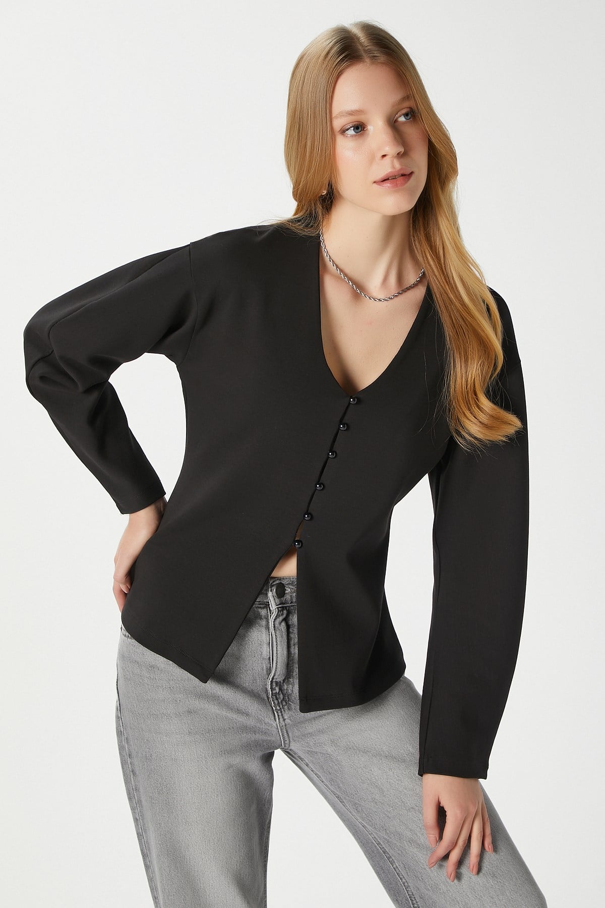 Kadın Osea Premium Bele Oturan Siyah Şık Düğme Detay Peplum Bluz