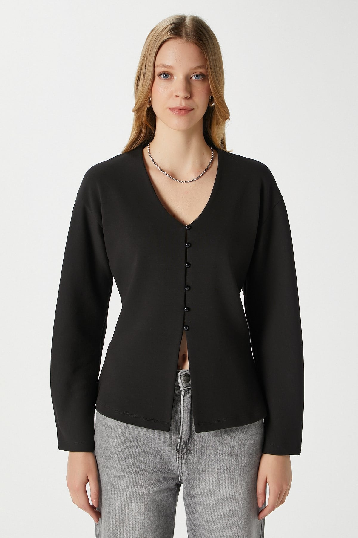 Kadın Osea Premium Bele Oturan Siyah Şık Düğme Detay Peplum Bluz