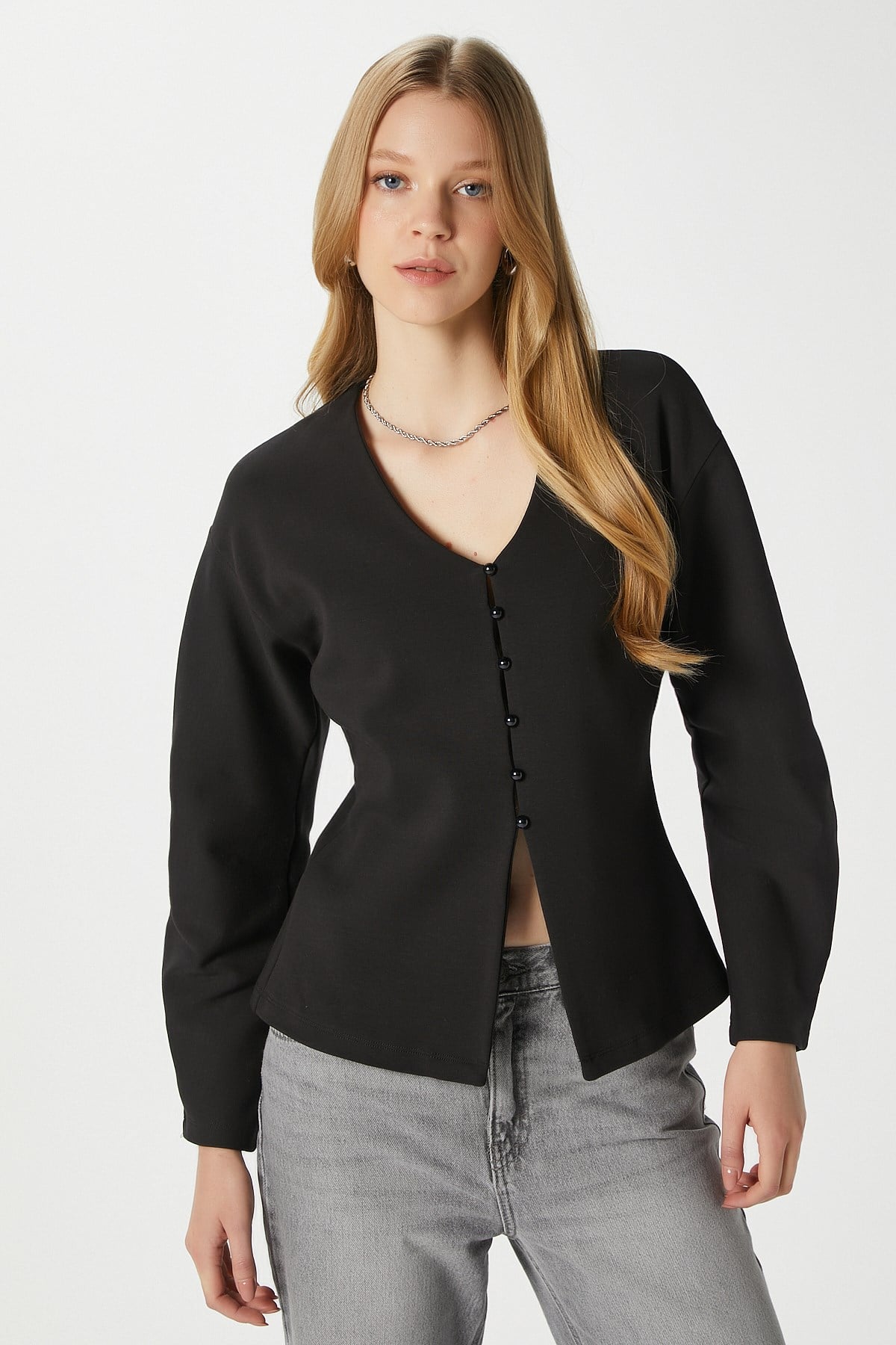 Kadın Osea Premium Bele Oturan Siyah Şık Düğme Detay Peplum Bluz