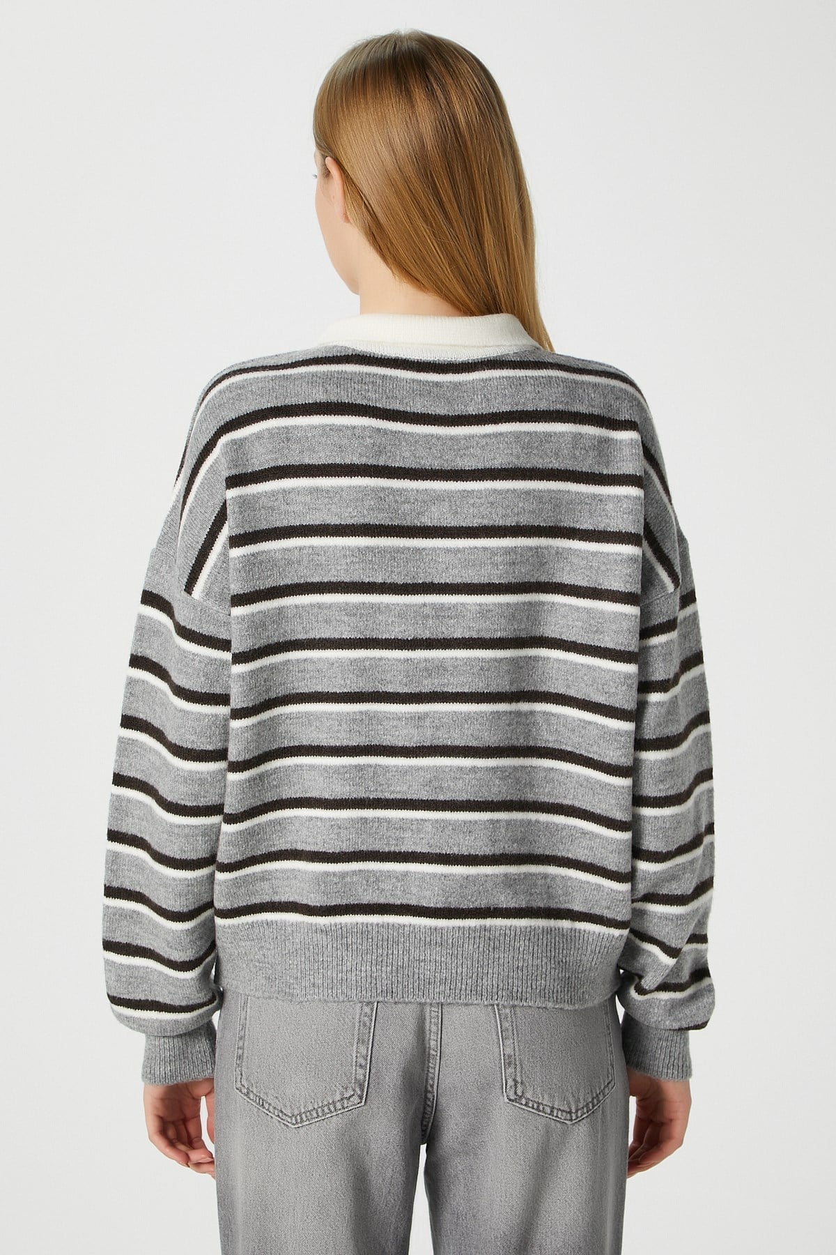 Kadın Otto Yumuşak Dokulu Polo Yaka Gri Acı Kahve Ekru Çizgili Kazak