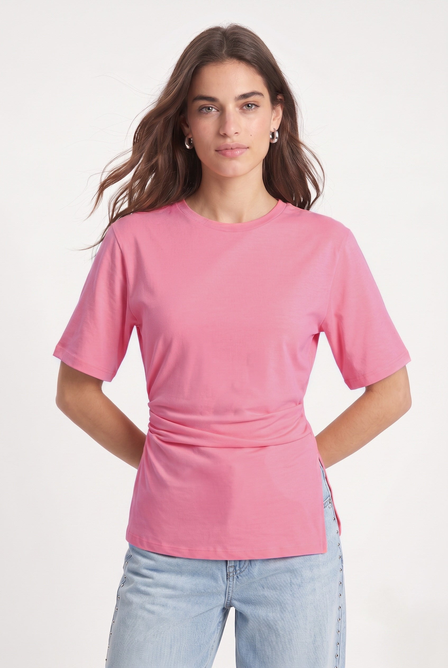 Kadın Pam %100 Pamuk Büzgülü Asimetrik Örme Pembe Bluz