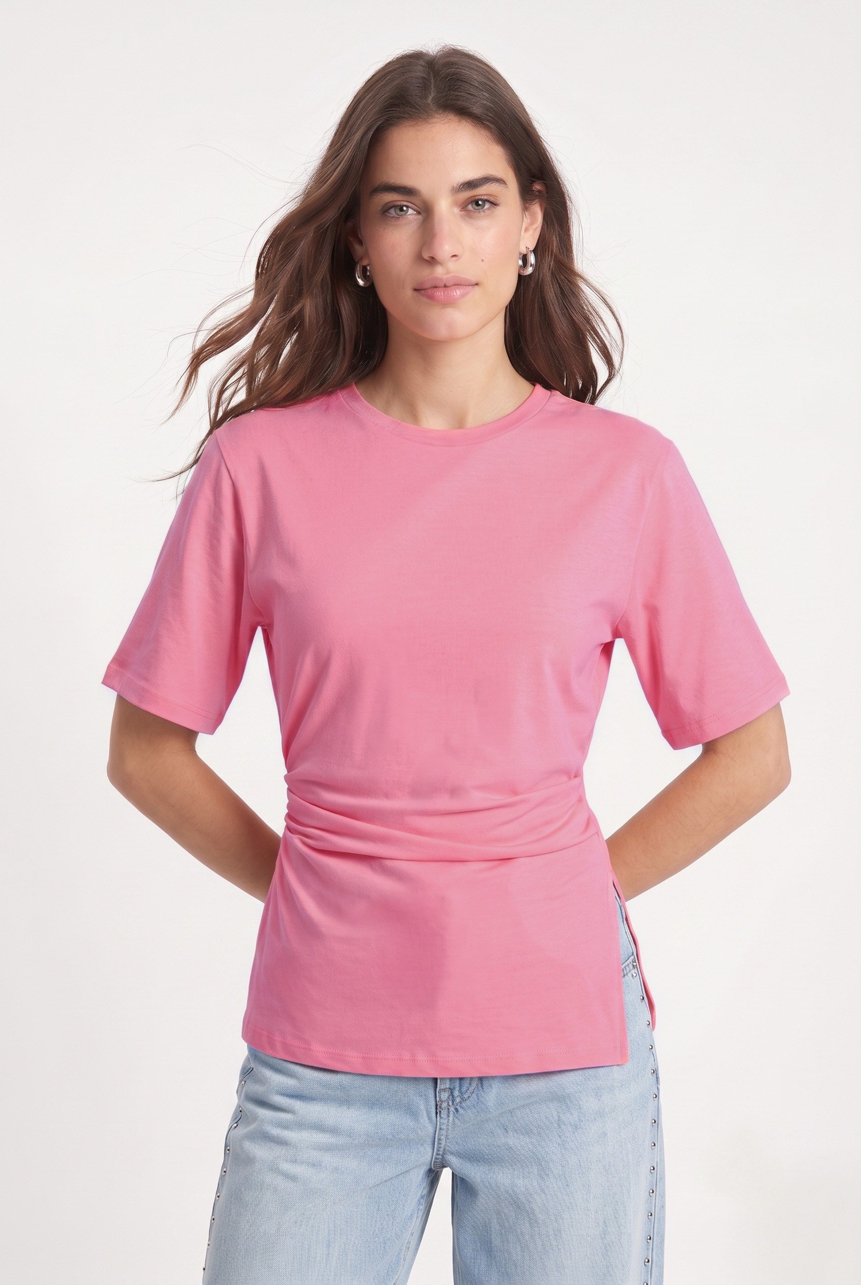 Kadın Pam %100 Pamuk Büzgülü Asimetrik Örme Pembe Bluz