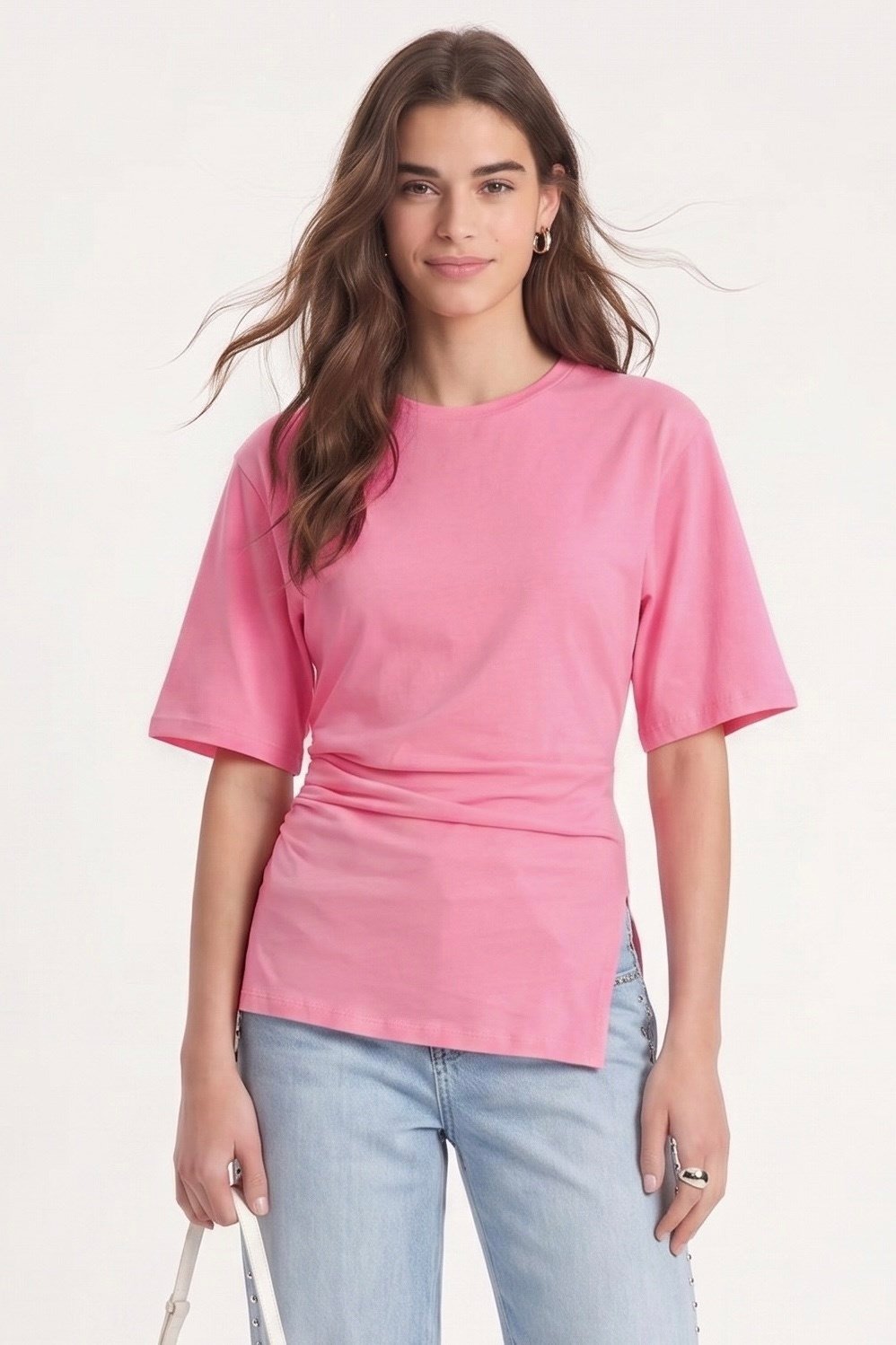 Kadın Pam %100 Pamuk Büzgülü Asimetrik Örme Pembe Bluz