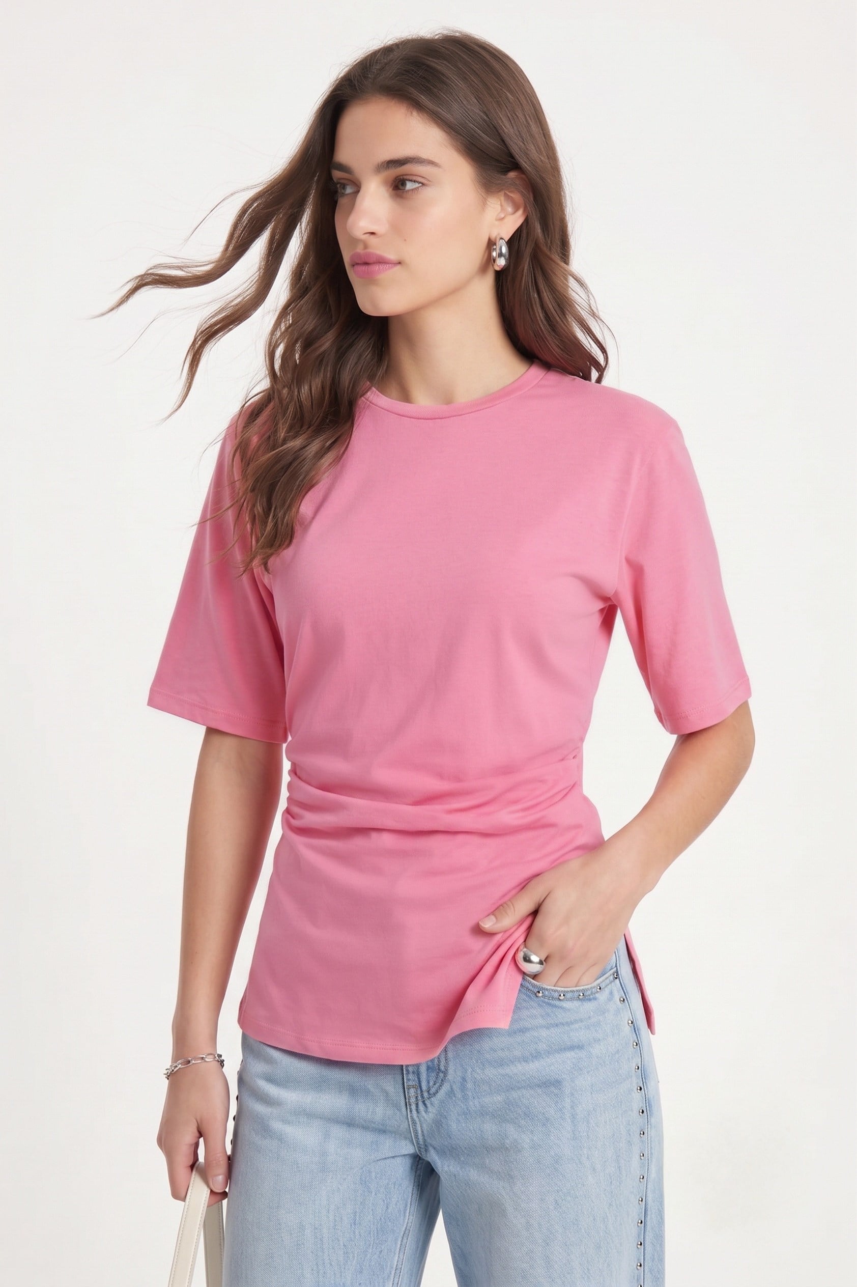 Kadın Pam %100 Pamuk Büzgülü Asimetrik Örme Pembe Bluz