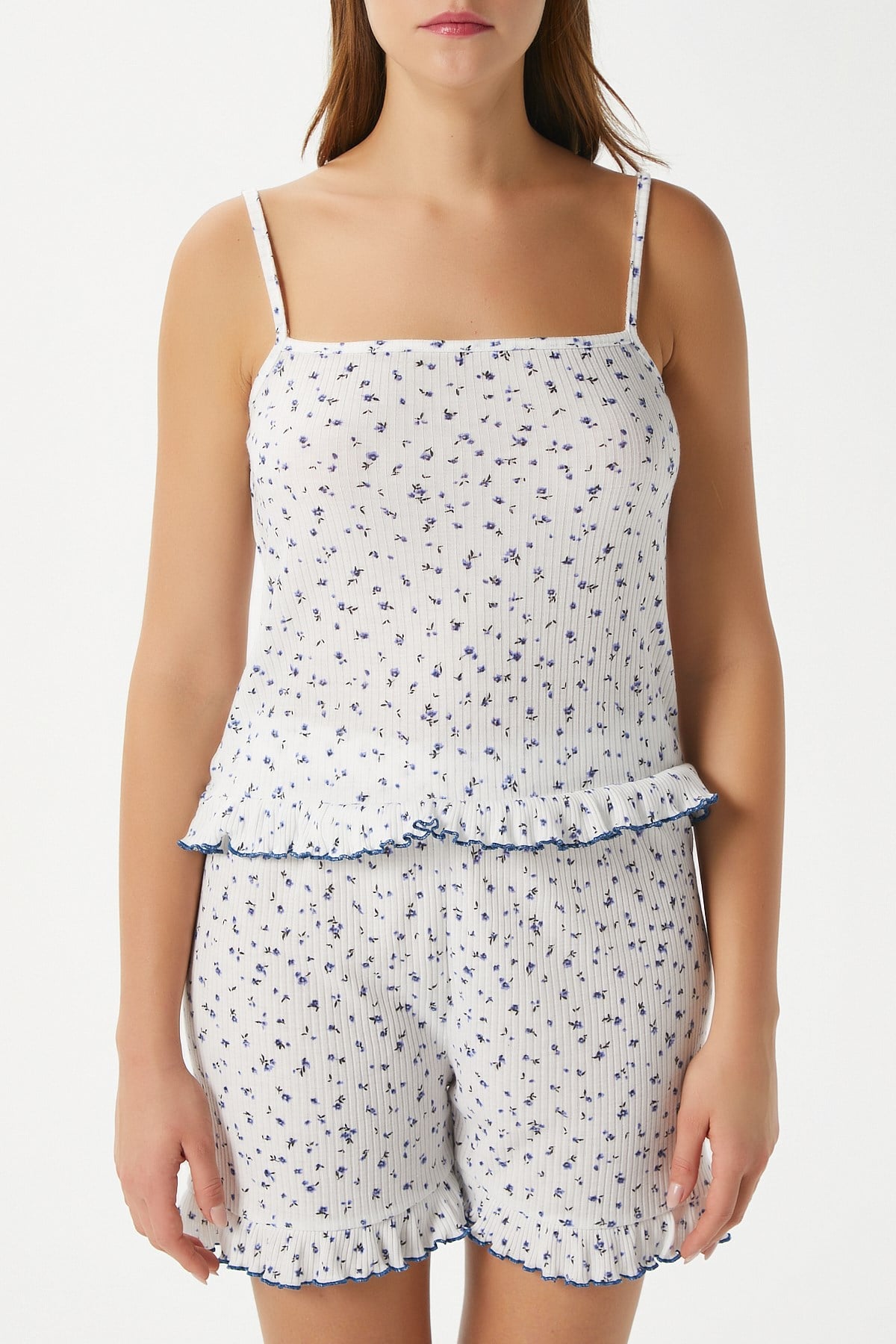 Kadın Paula Askılı Mavi Fırfır Şortlu Pijama Takımı
