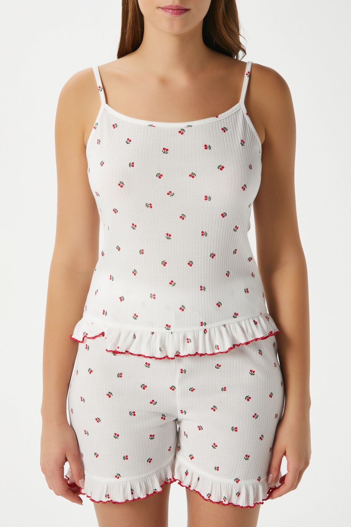 Kadın Paula Kiraz Desen Fırfır Şortlu Pijama Takımı