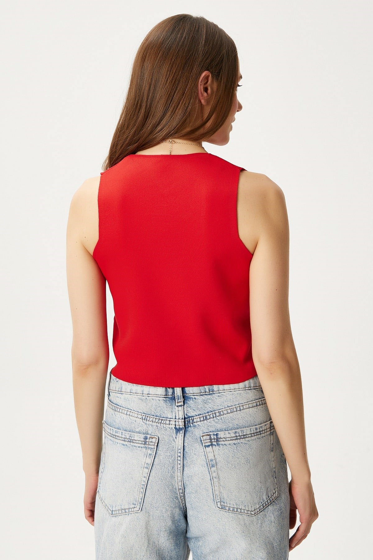 Kadın Petite Çıtçıtlı Crop Kırmızı Triko Yelek