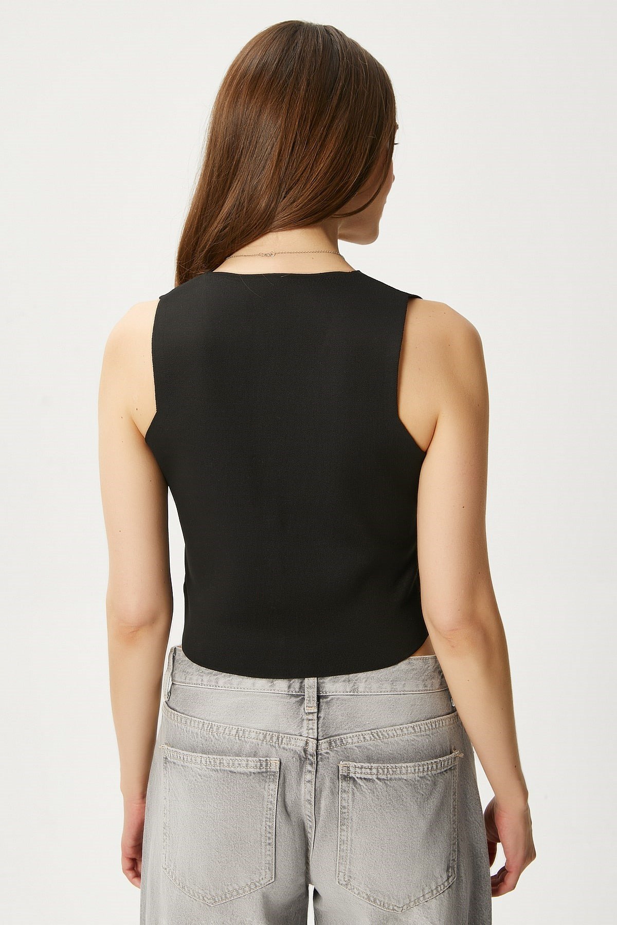 Kadın Petite Çıtçıtlı Crop Siyah Triko Yelek