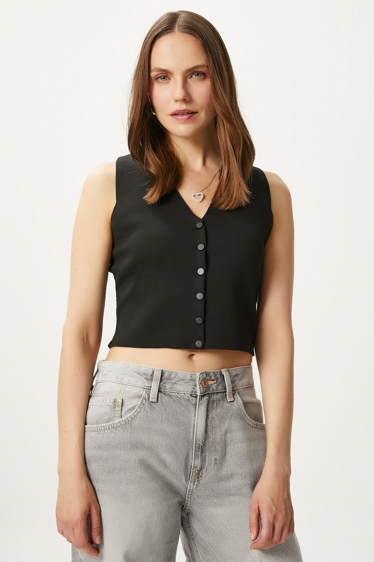 Kadın Petite Çıtçıtlı Crop Siyah Triko Yelek
