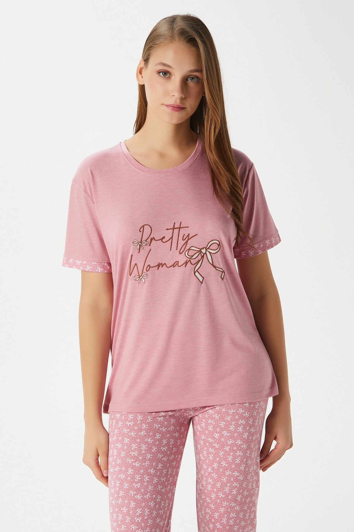 Kadın Pretty Woman Viskon Bisiklet Yaka Kısa Kol Pembe Alt Üst Pijama Takımı
