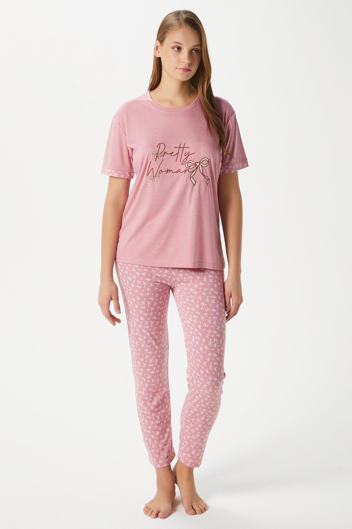 Kadın Pretty Woman Viskon Bisiklet Yaka Kısa Kol Pembe Alt Üst Pijama Takımı