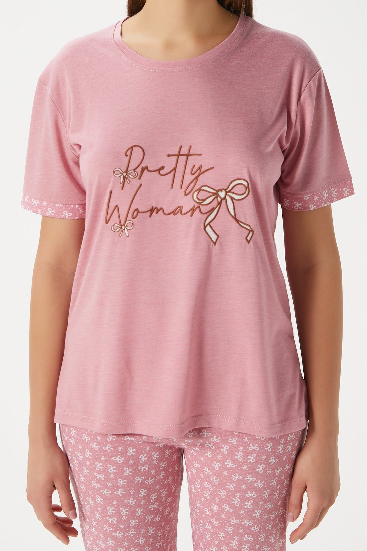 Kadın Pretty Woman Viskon Bisiklet Yaka Kısa Kol Pembe Alt Üst Pijama Takımı