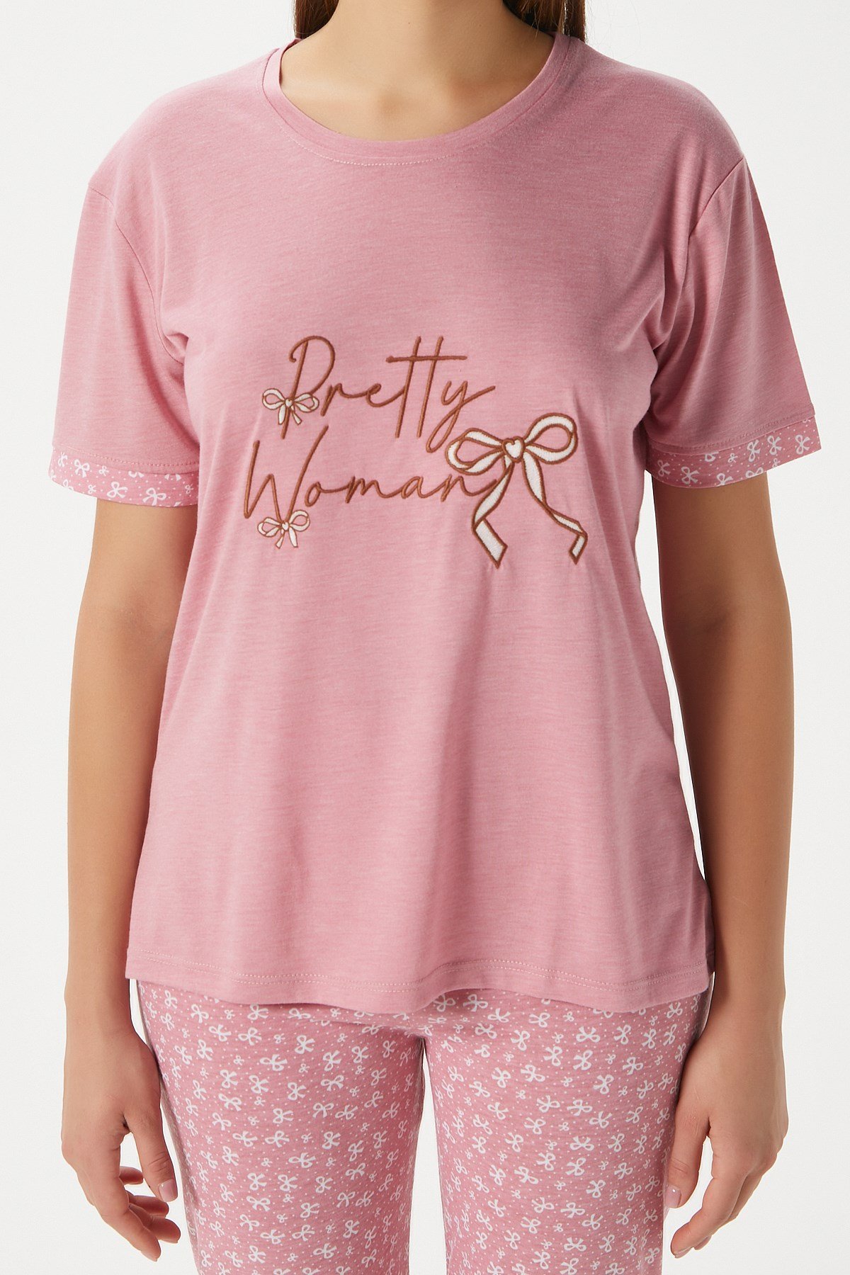 Kadın Pretty Woman Viskon Bisiklet Yaka Kısa Kol Pembe Alt Üst Pijama Takımı