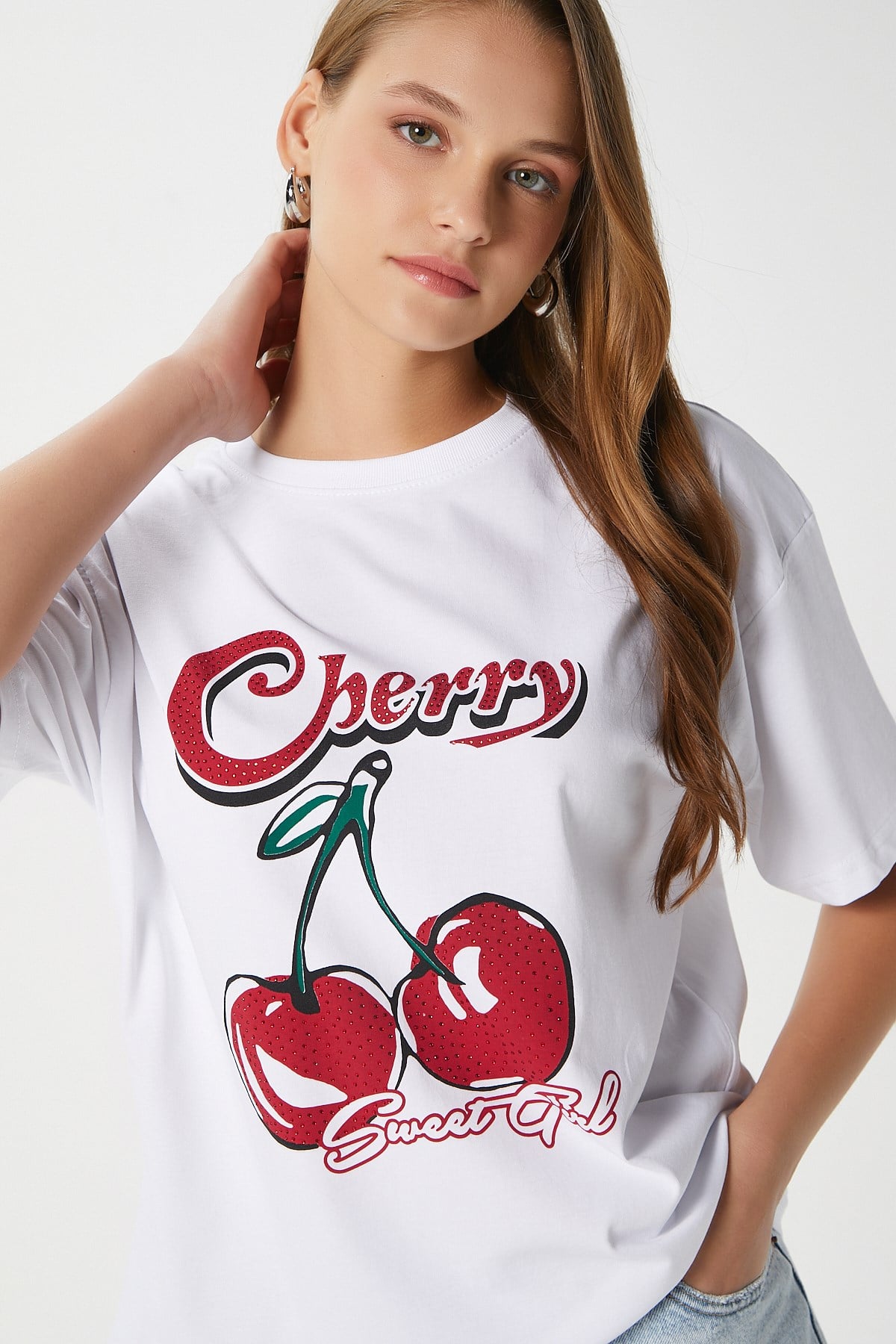 Kadın Redcherry Taşlı Kiraz Desen T-Shirt