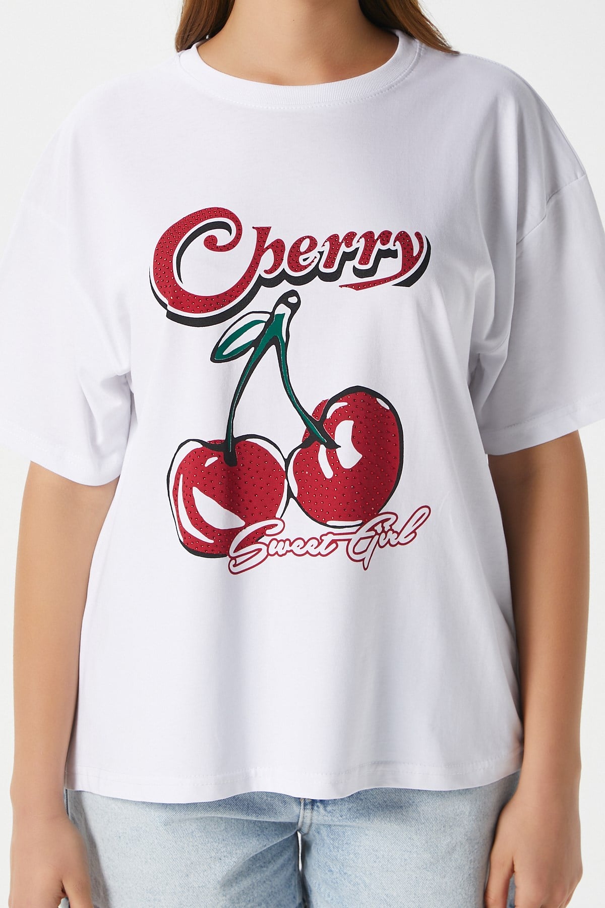 Kadın Redcherry Taşlı Kiraz Desen T-Shirt