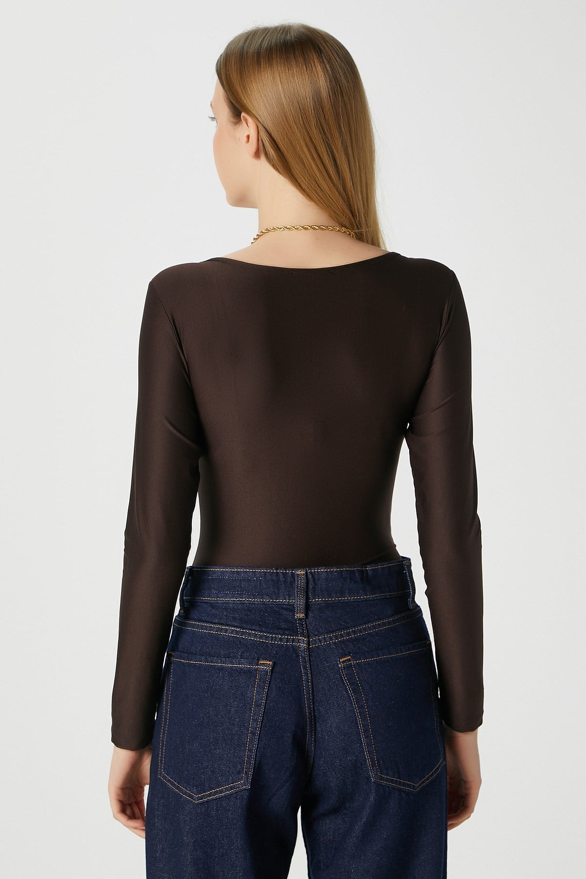 Kadın Rich Kalp Yaka Polyamid Kahverengi Çıtçıtlı Body / Bluz