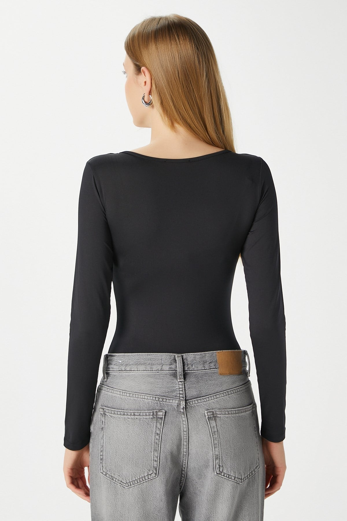 Kadın Rich Kalp Yaka Polyamid Siyah Çıtçıtlı Body / Bluz