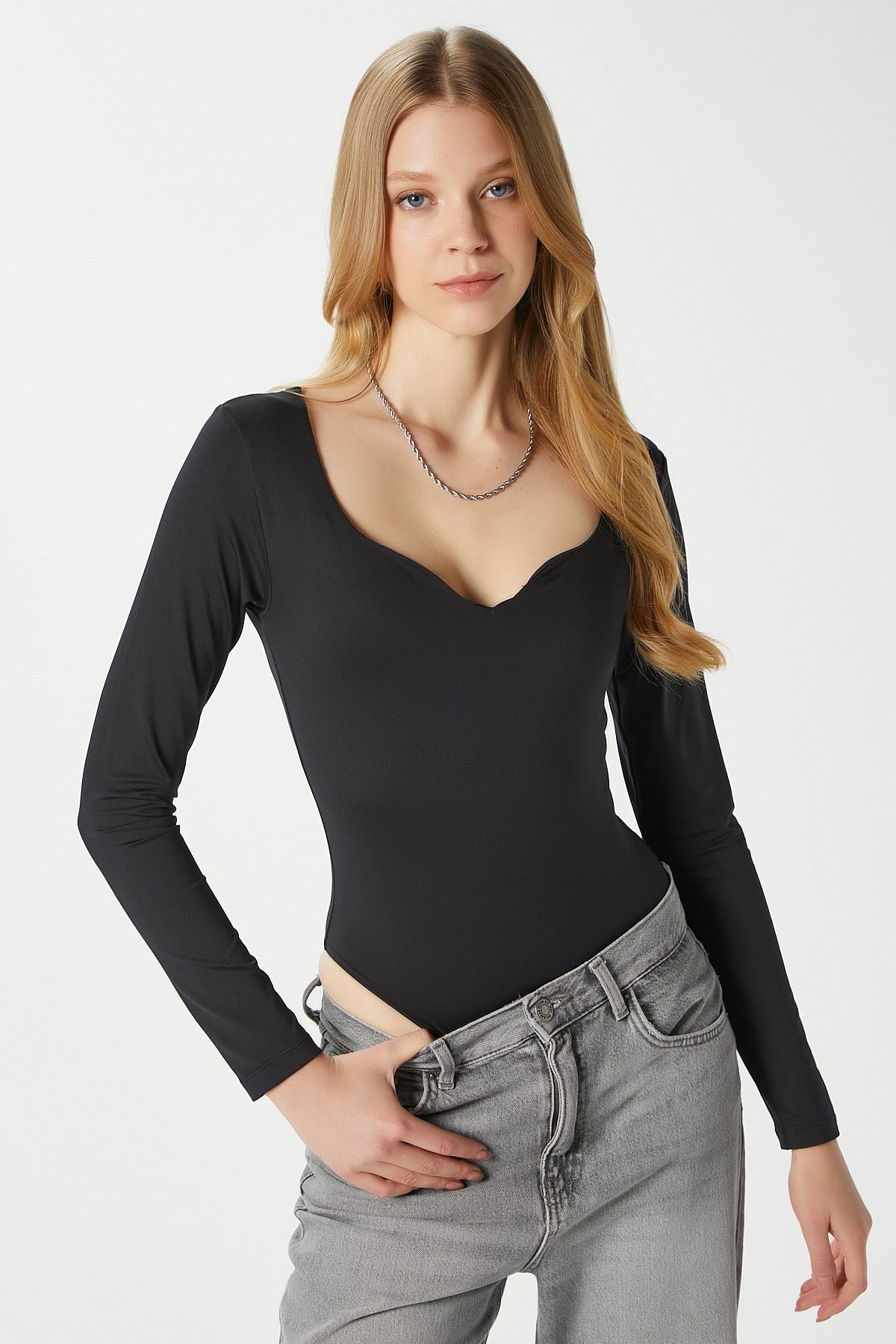 Kadın Rich Kalp Yaka Polyamid Siyah Çıtçıtlı Body / Bluz