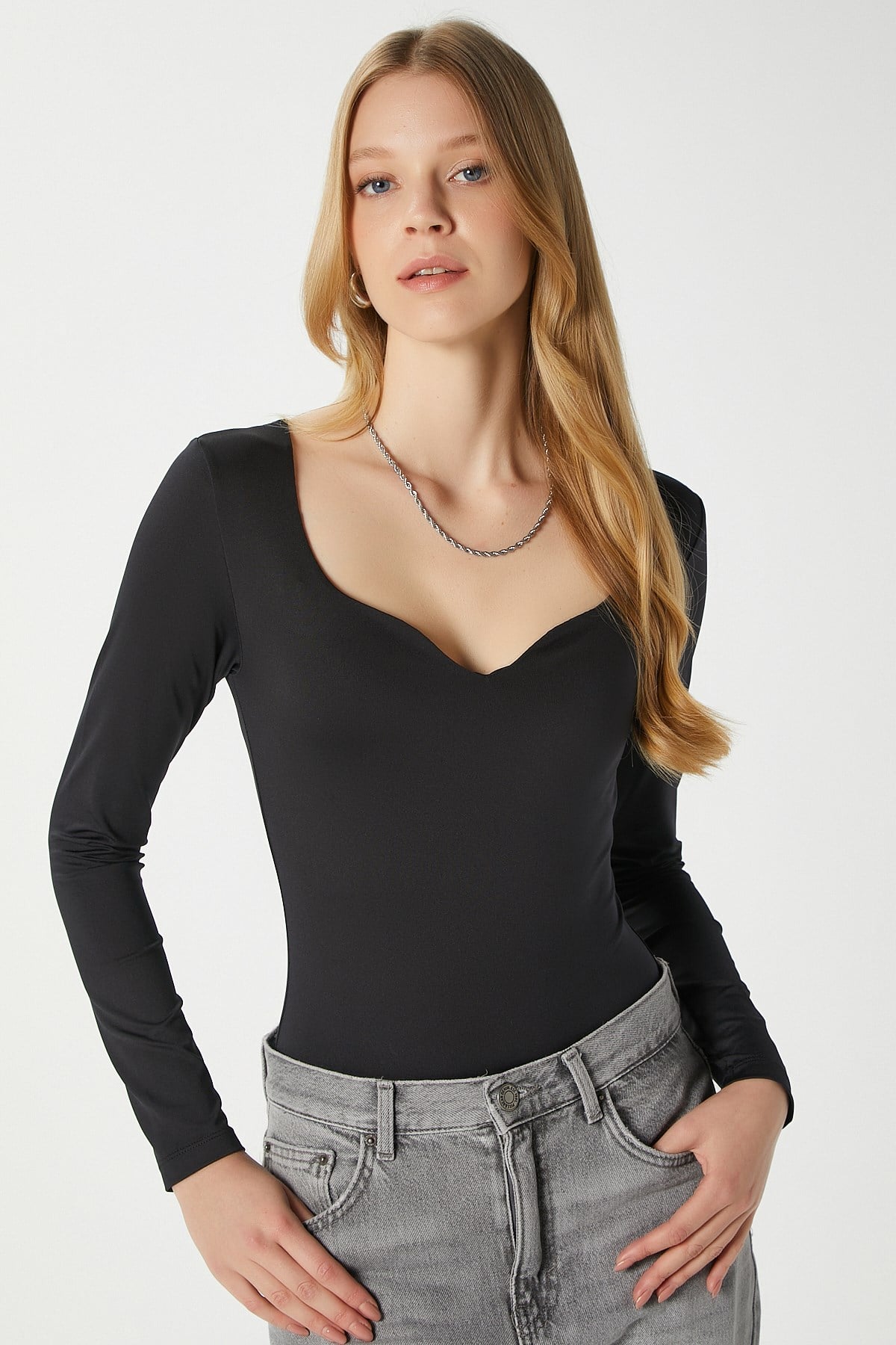 Kadın Rich Kalp Yaka Polyamid Siyah Çıtçıtlı Body / Bluz