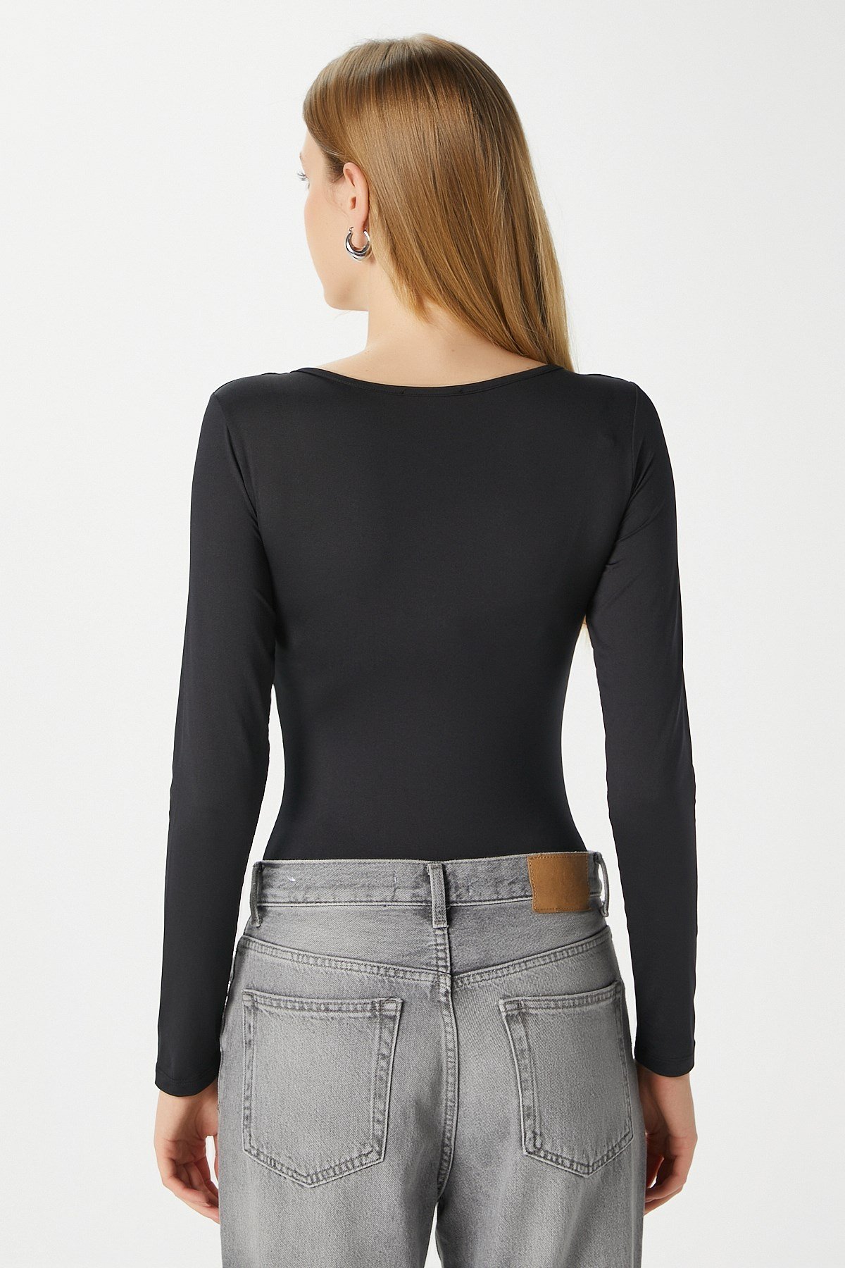 Kadın Rich Kalp Yaka Polyamid Siyah Çıtçıtlı Body / Bluz