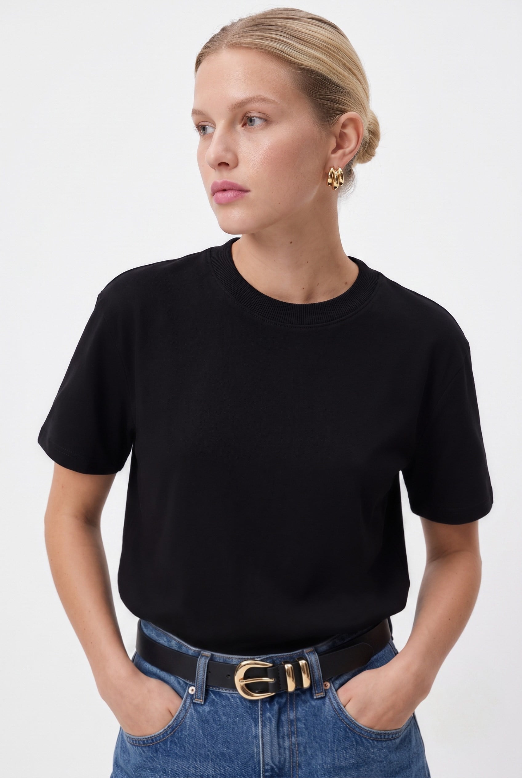 Kadın Rise Dekoratif Yaka Tok Doku %100 Pamuk Siyah T-Shirt