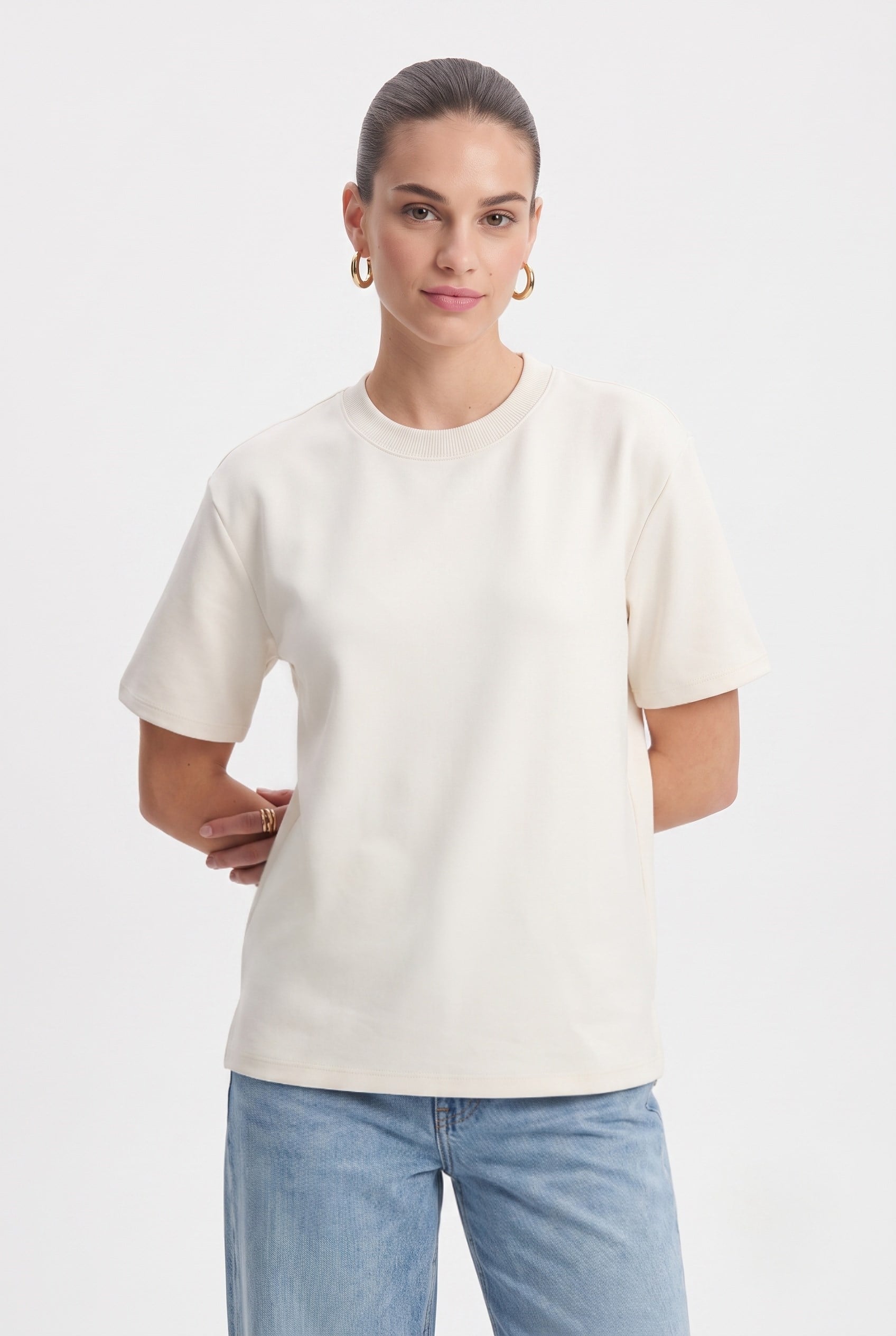 Kadın Rise Dekoratif Yaka Tok Doku %100 Pamuk Açık Bej T-Shirt