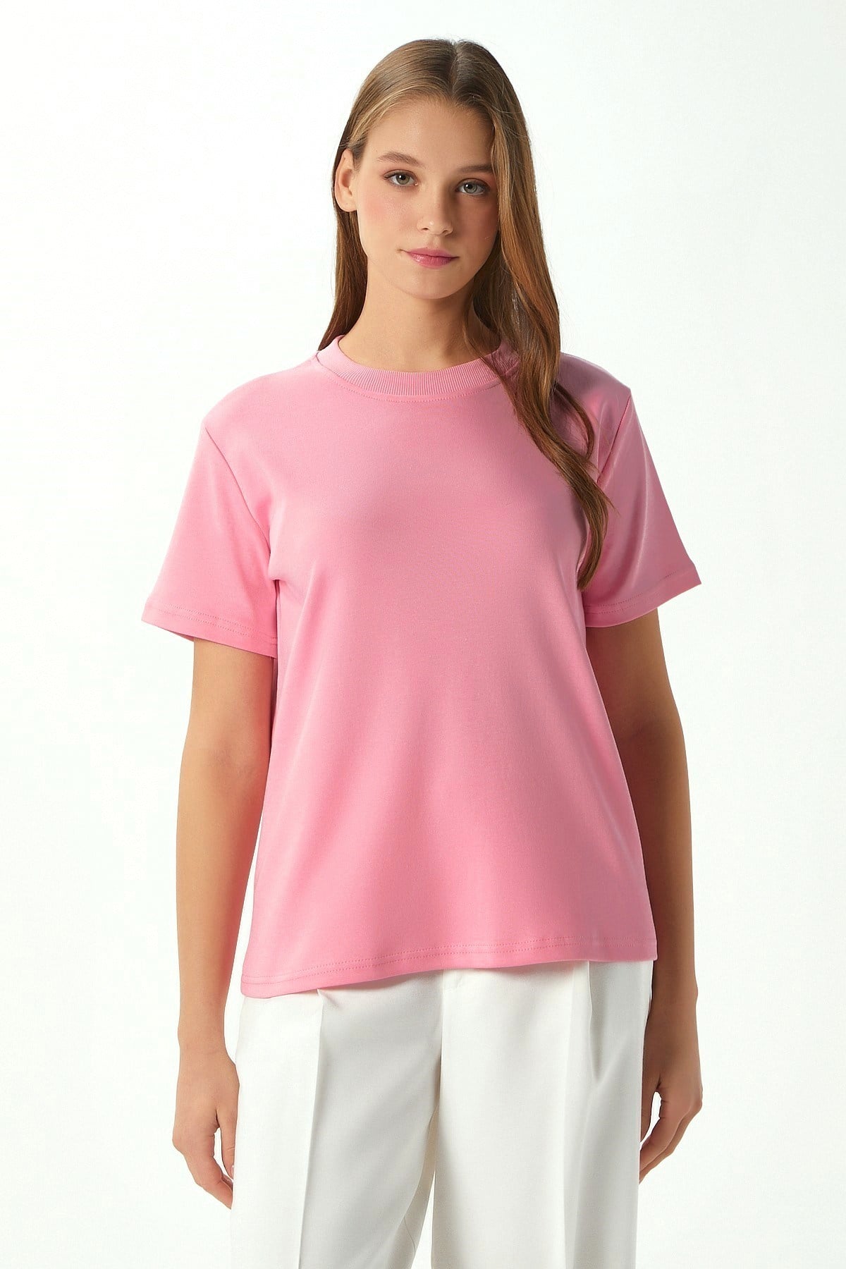 Kadın Rise Dekoratif Yaka Tok Doku %100 Pamuk Pembe T-Shirt