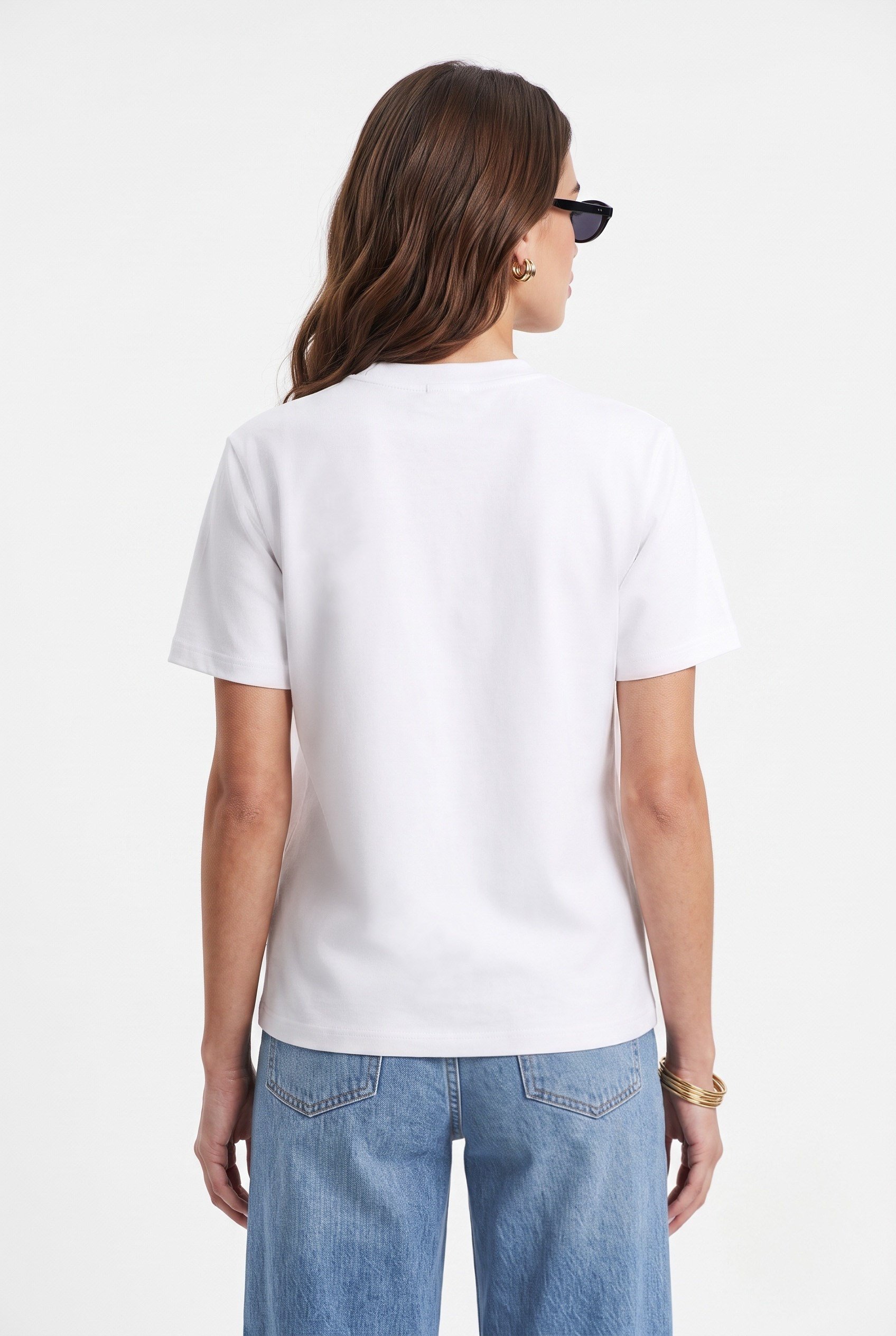 Kadın Rise Dekoratif Yaka Tok Doku %100 Pamuk Beyaz T-Shirt