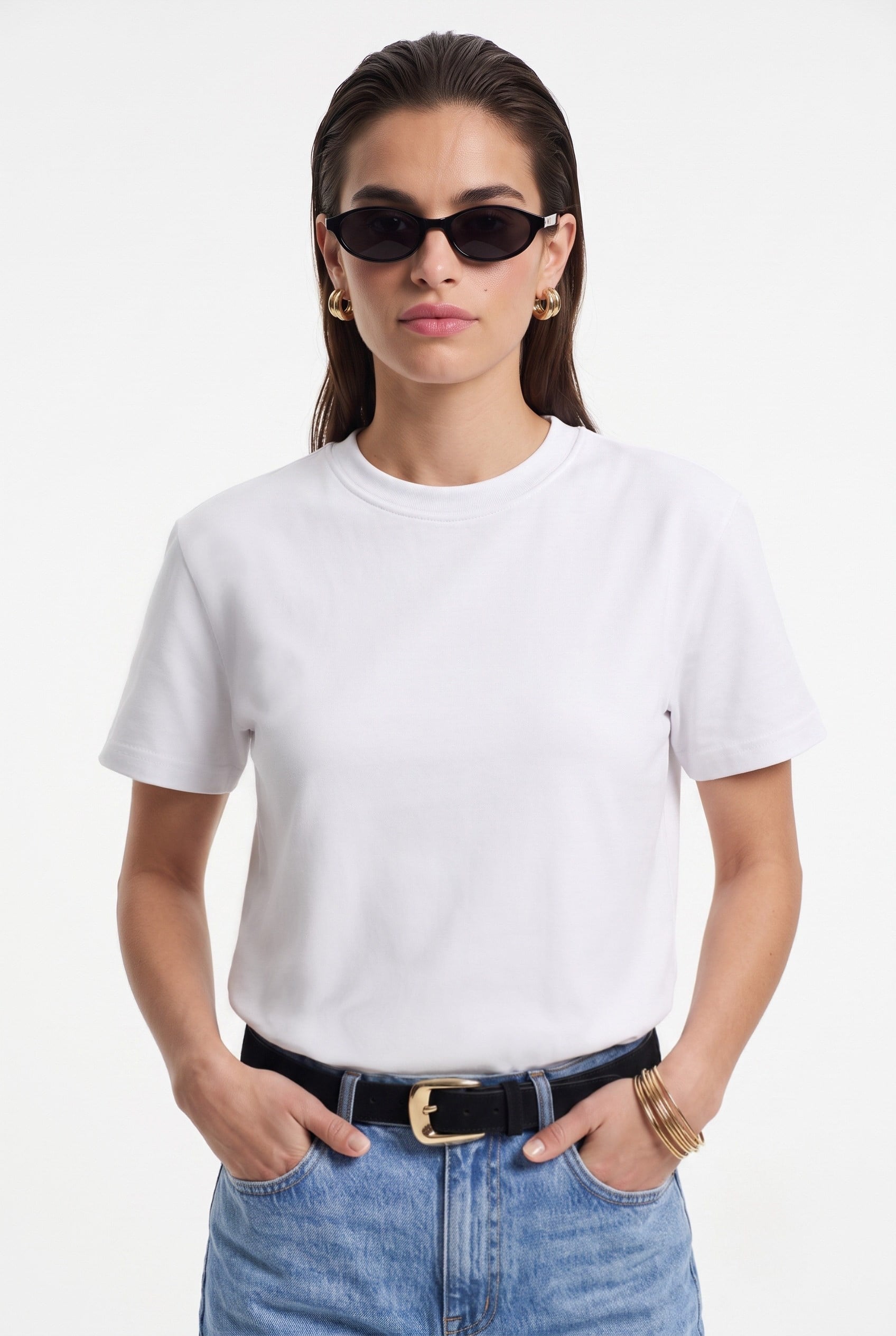 Kadın Rise Dekoratif Yaka Tok Doku %100 Pamuk Beyaz T-Shirt