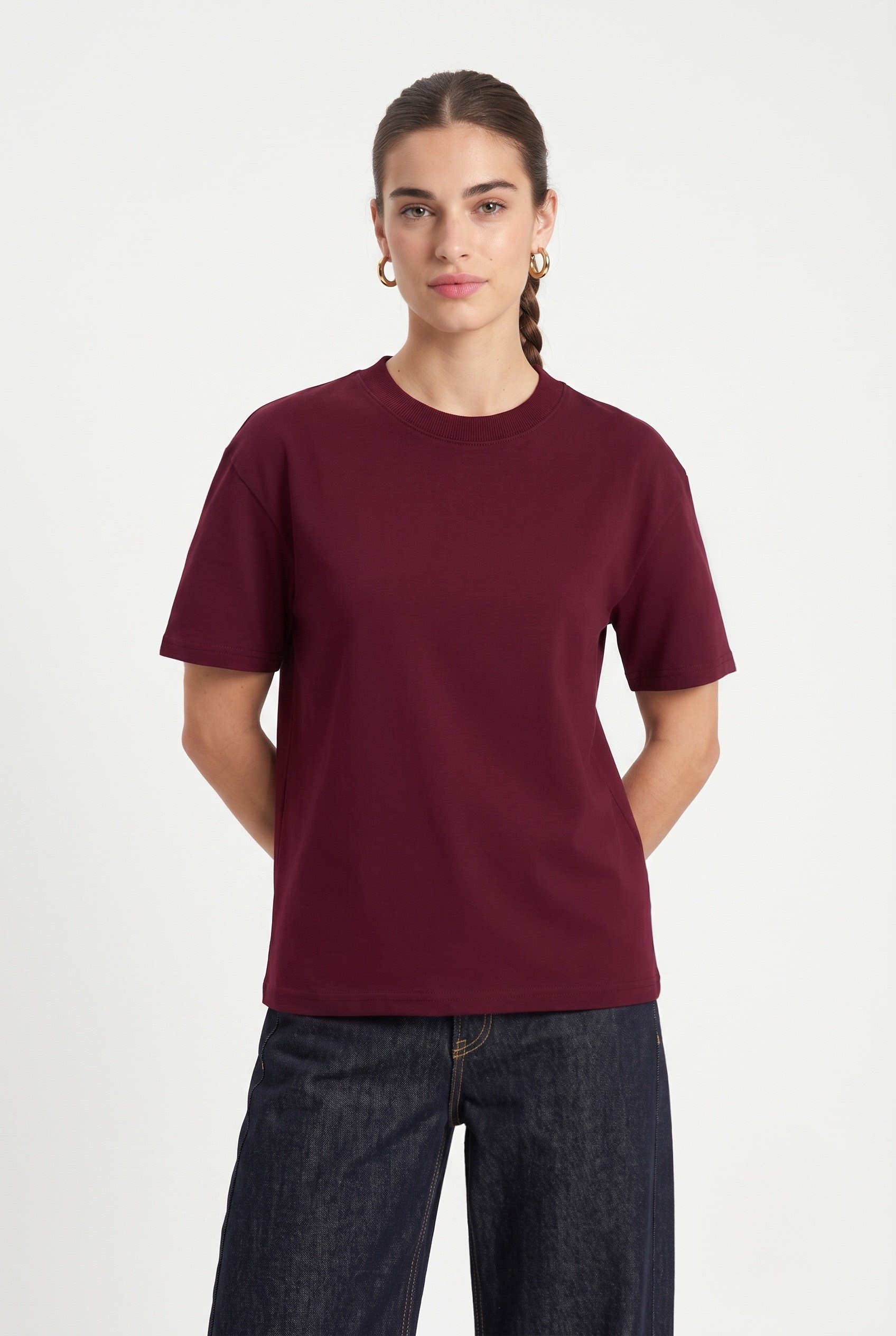 Kadın Rise Dekoratif Yaka Tok Doku %100 Pamuk Bordo T-Shirt