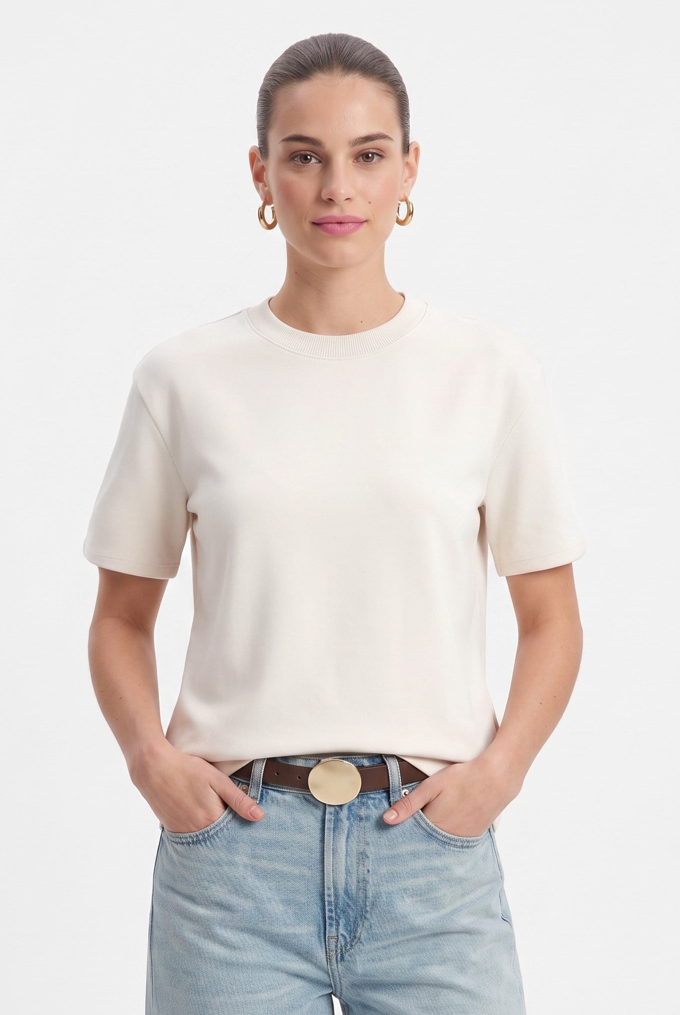 Kadın Rise Dekoratif Yaka Tok Doku %100 Pamuk Açık Bej T-Shirt