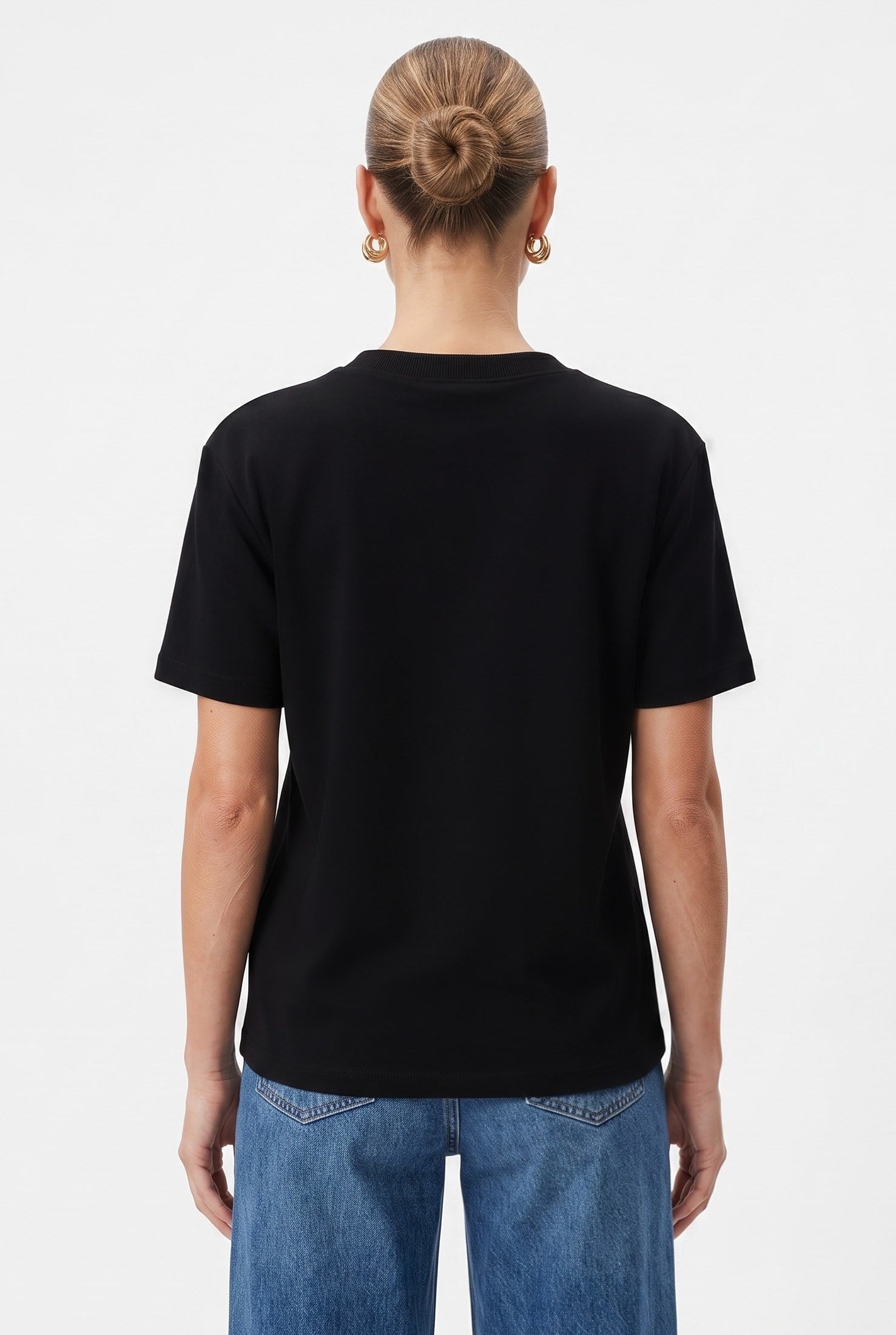 Kadın Rise Dekoratif Yaka Tok Doku %100 Pamuk Siyah T-Shirt