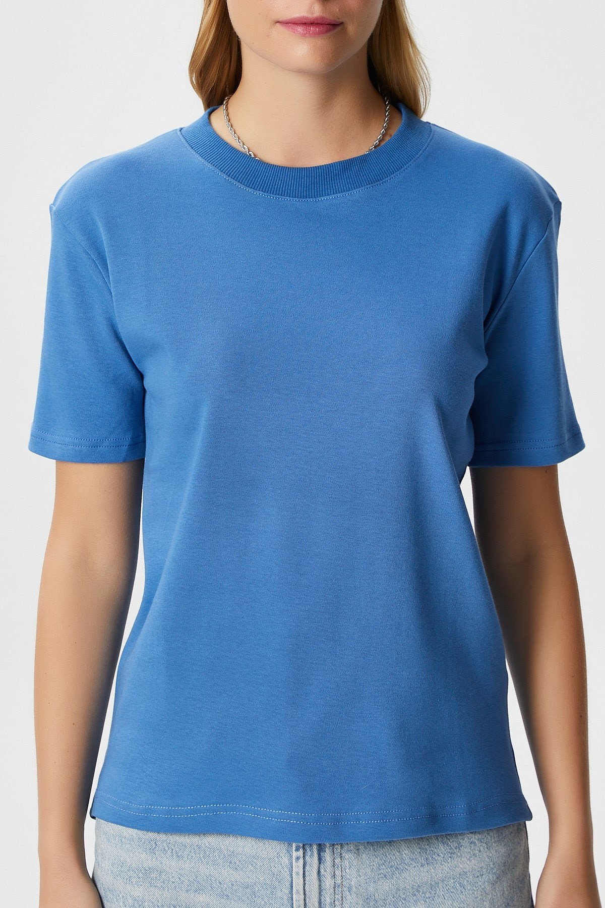 Kadın Rise Dekoratif Yaka Tok Doku %100 Pamuk Mavi T-Shirt