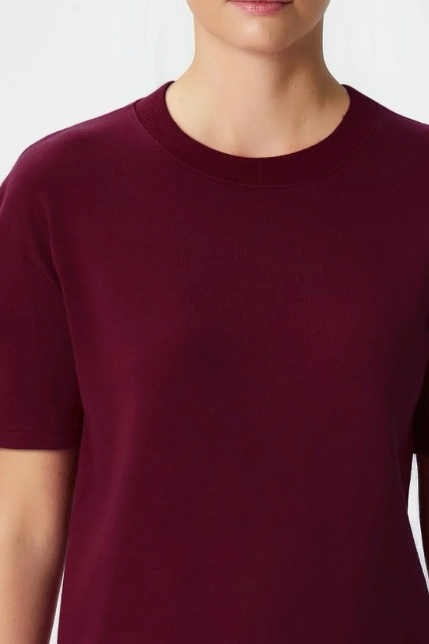 Kadın Rise Dekoratif Yaka Tok Doku %100 Pamuk Bordo T-Shirt