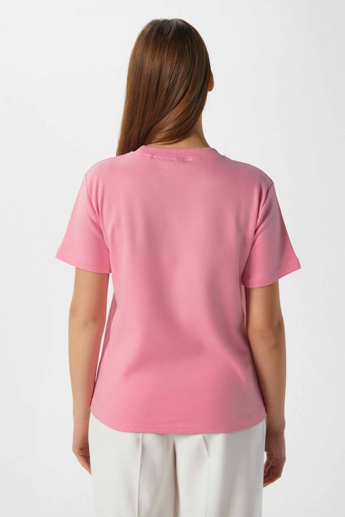 Kadın Rise Dekoratif Yaka Tok Doku %100 Pamuk Pembe T-Shirt